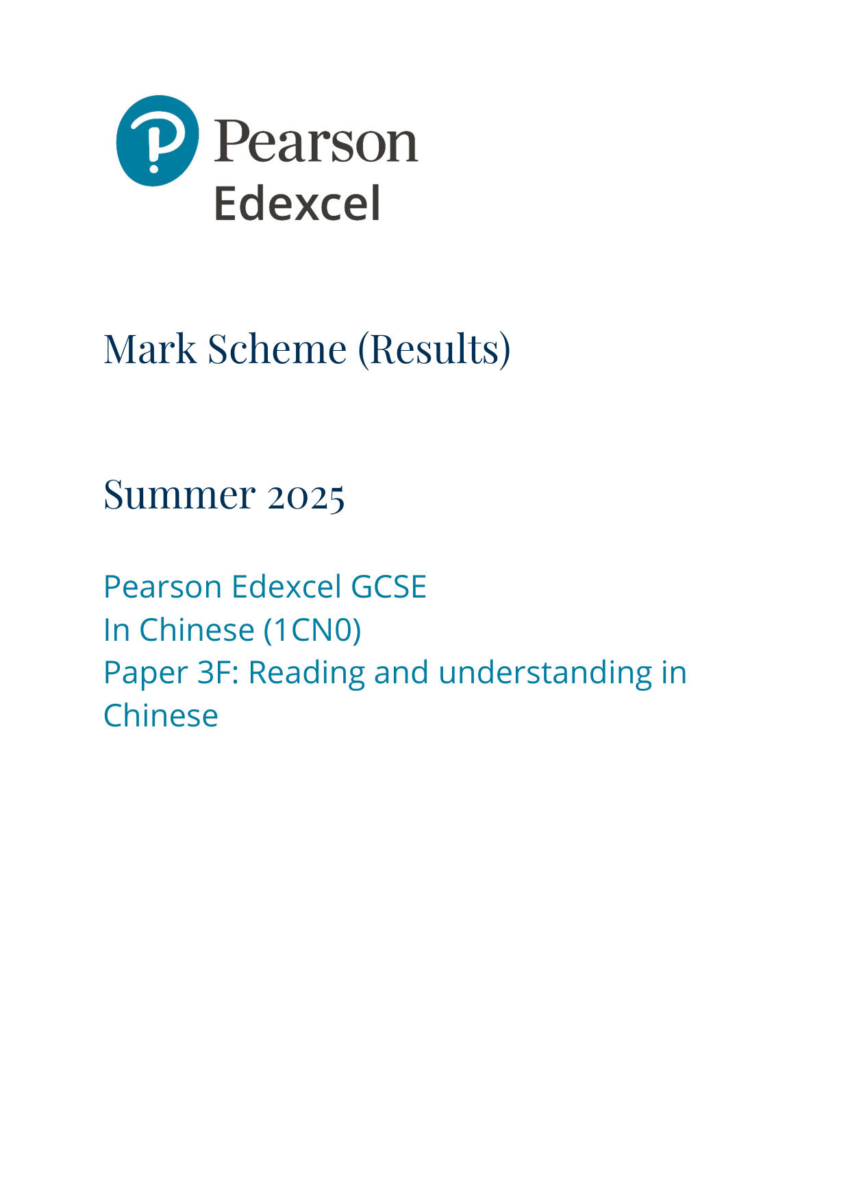 Pearson Edexcel GCSE Chinese Paper 3F 2025 Mark Scheme