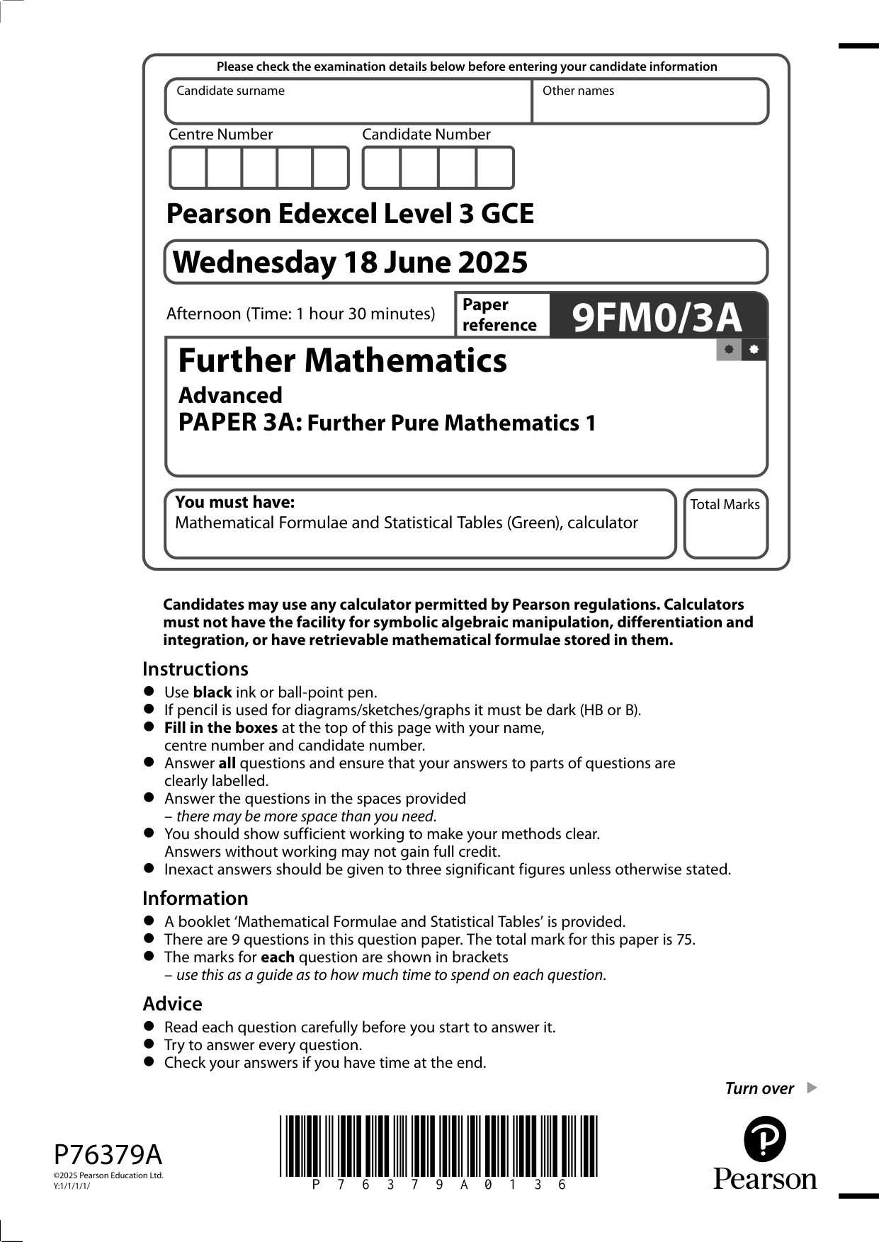 Pearson Edexcel A Level Further Mathematics Paper 3A 2025 QP