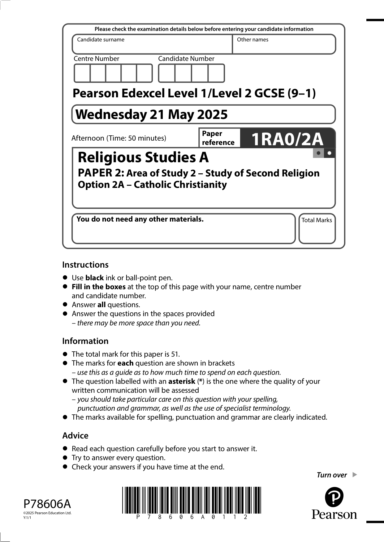 Pearson Edexcel GCSE Religious Studies  Paper 2A 2025 QP