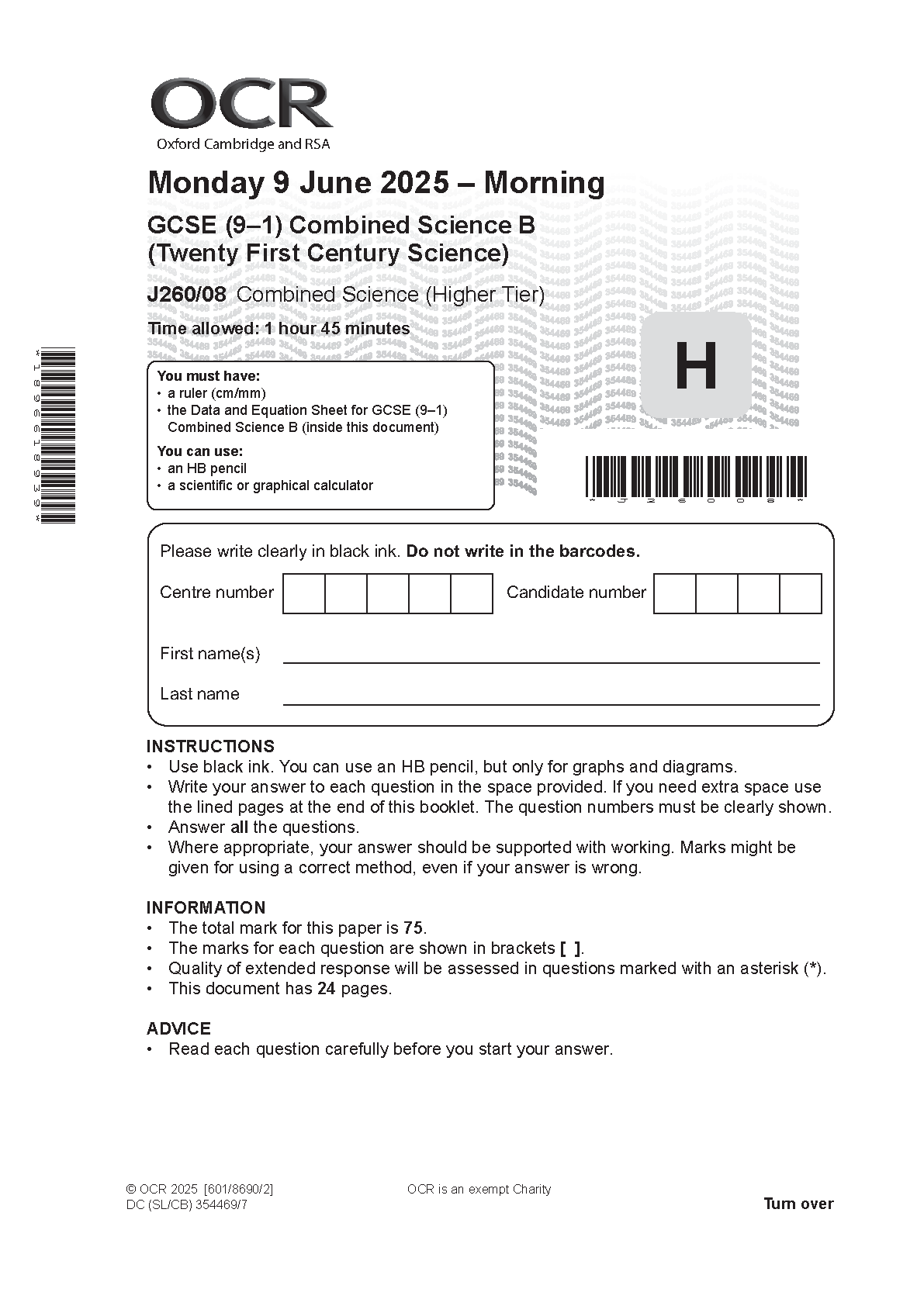 OCR GCSE Combined Science Paper 8 2025 Question Paper