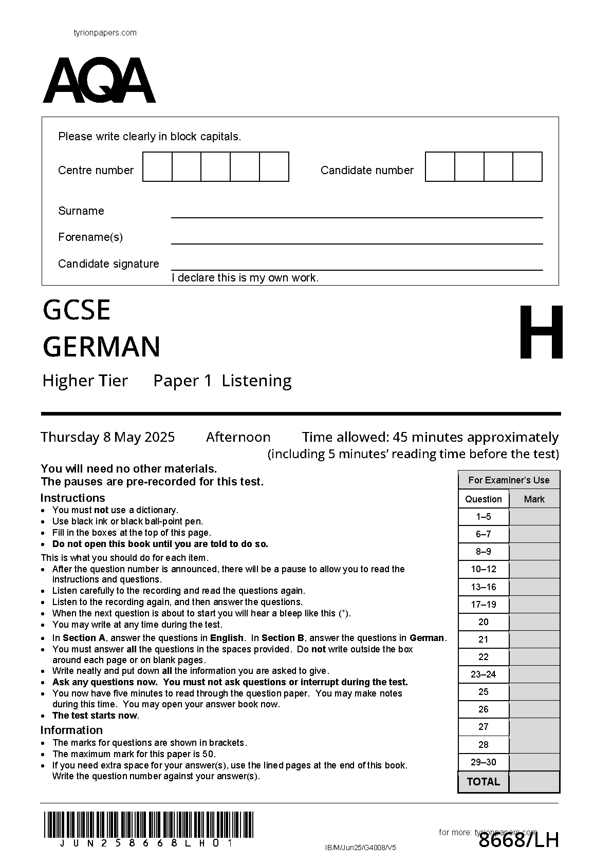 AQA GCSE German Paper 1H 2025 Listening Paper IMG-1