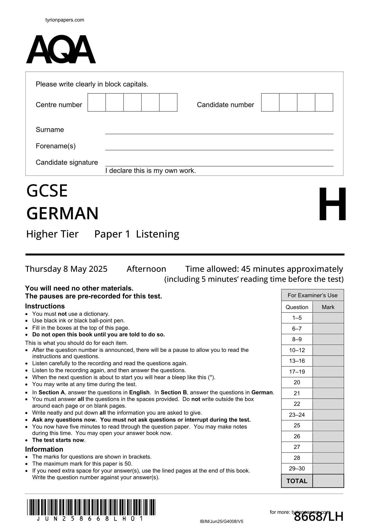 AQA GCSE German Paper 1H 2025 Listening Paper