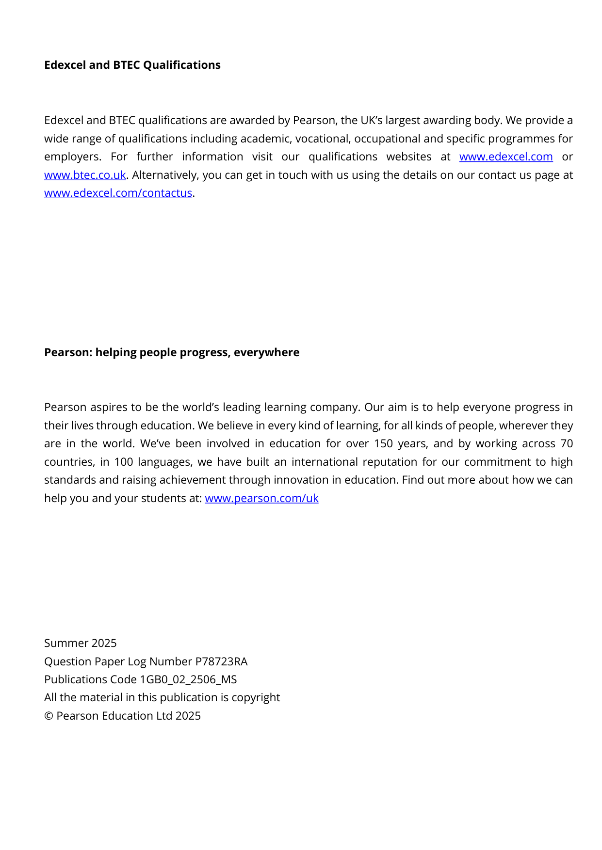 Pearson Edexcel GCSE Geography B  Paper 2 2025 Mark Scheme