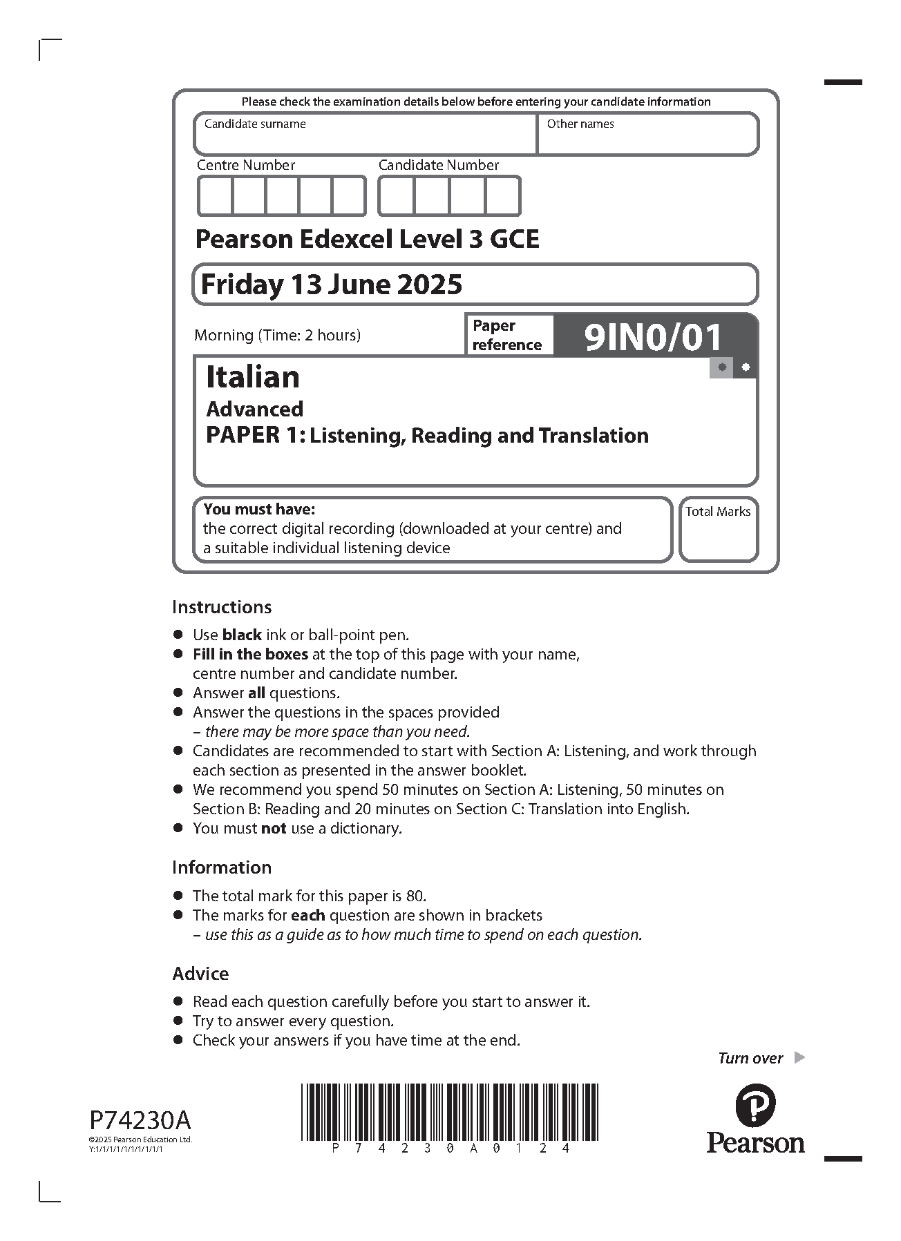 Pearson Edexcel A Level Italian Paper 1 2025 Question Paper IMG-1
