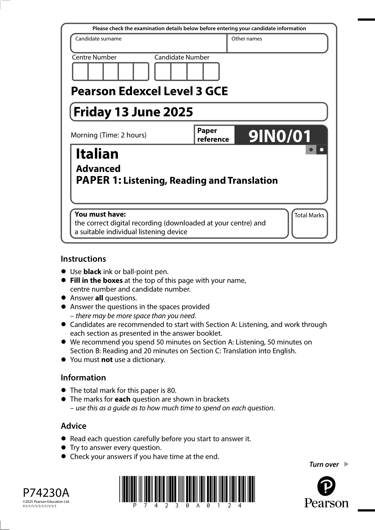 Pearson Edexcel A Level Italian Paper 1 2025 Question Paper