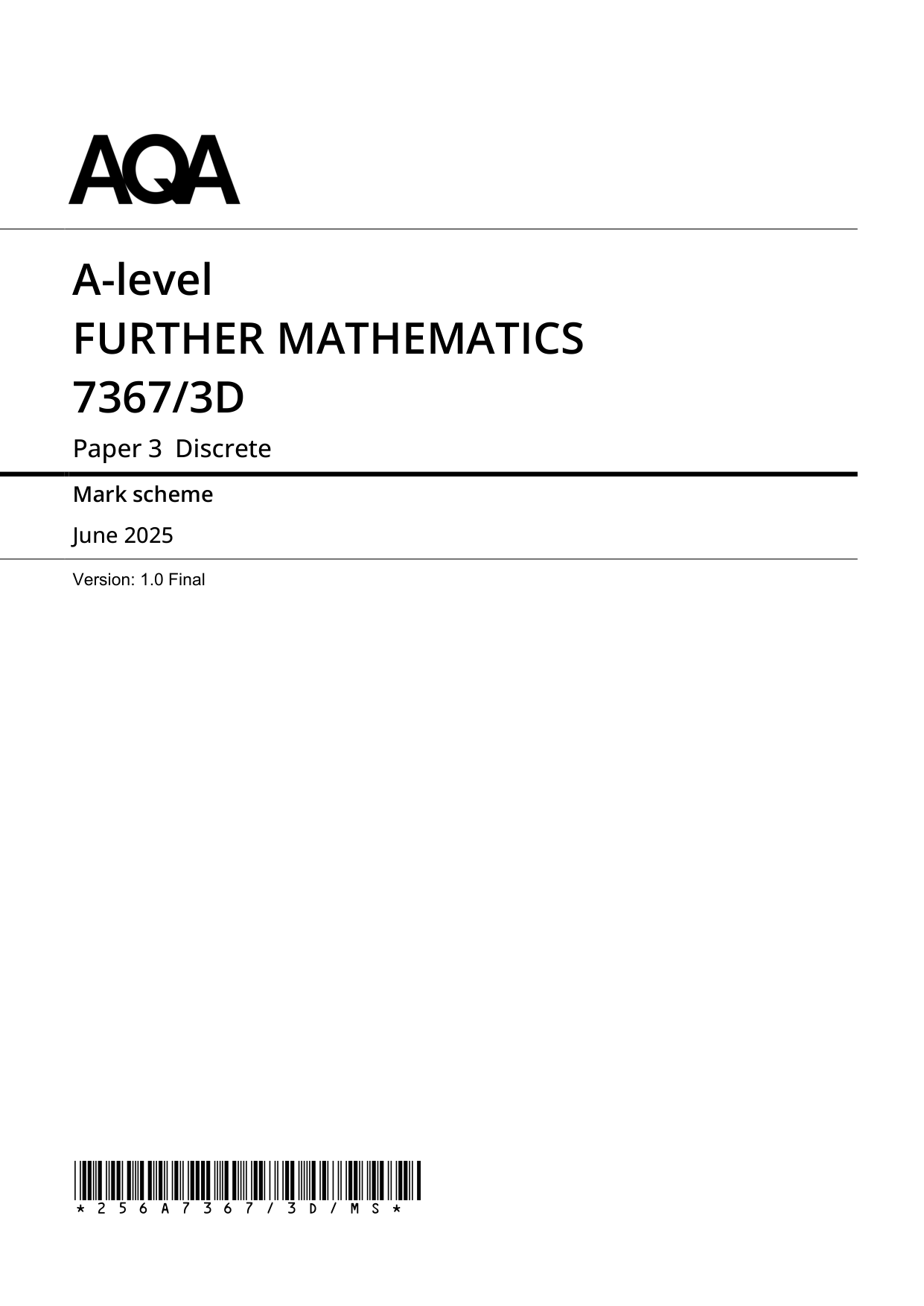 AQA Further Mathematics Paper 3D 2025 Mark Scheme PDF