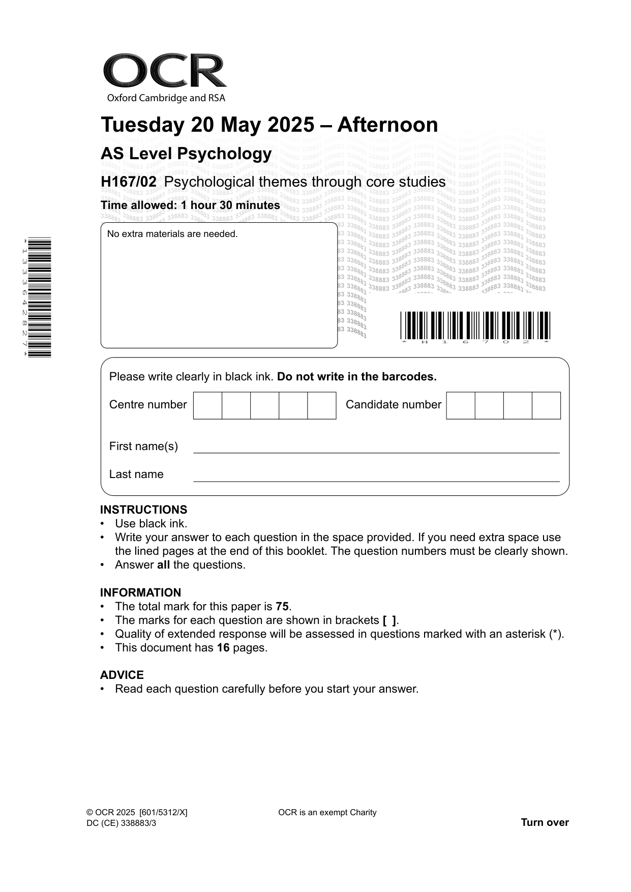 OCR AS Psychology Paper 2  2025 Question Paper