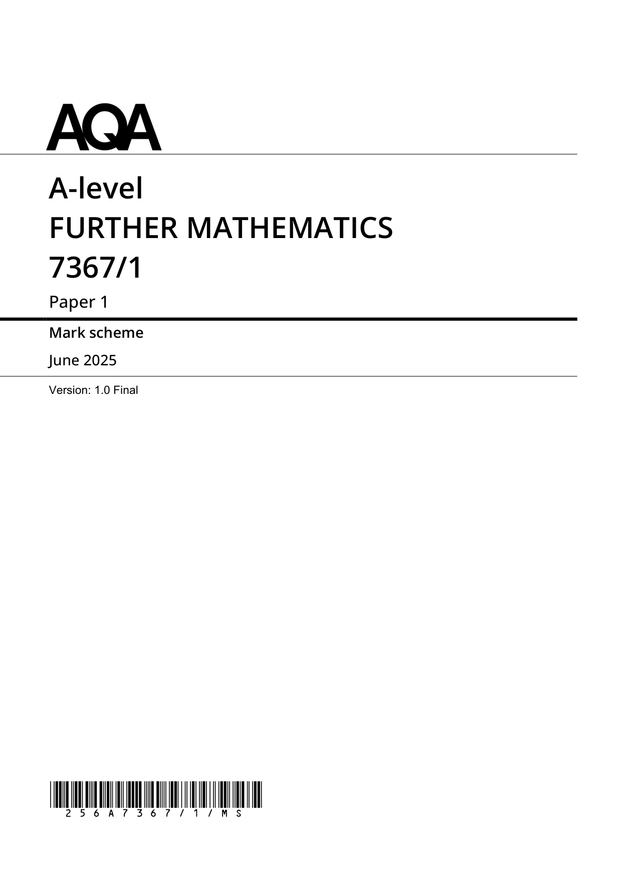 AQA A Level Further Mathematics Paper 1 2025 Mark Scheme PDF