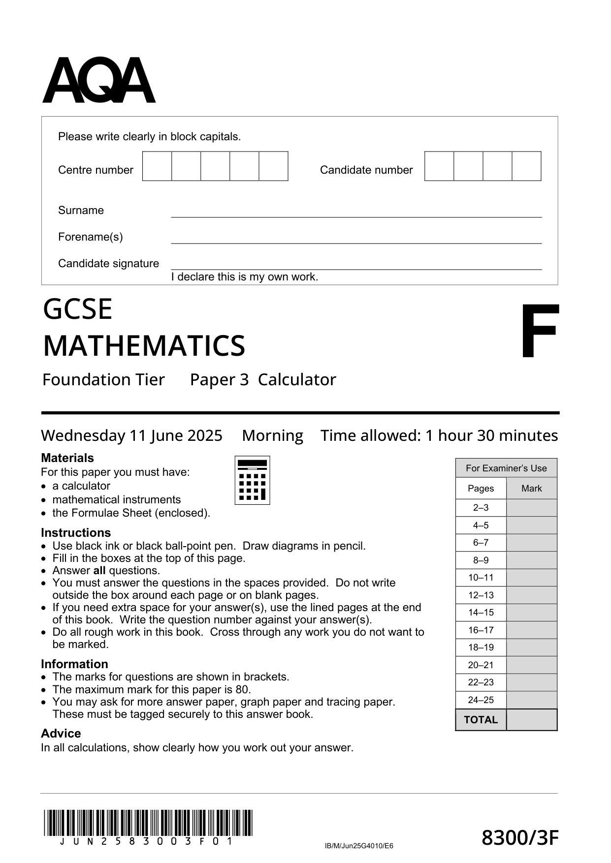 AQA GCSE Maths Paper 3 2025 Question Paper