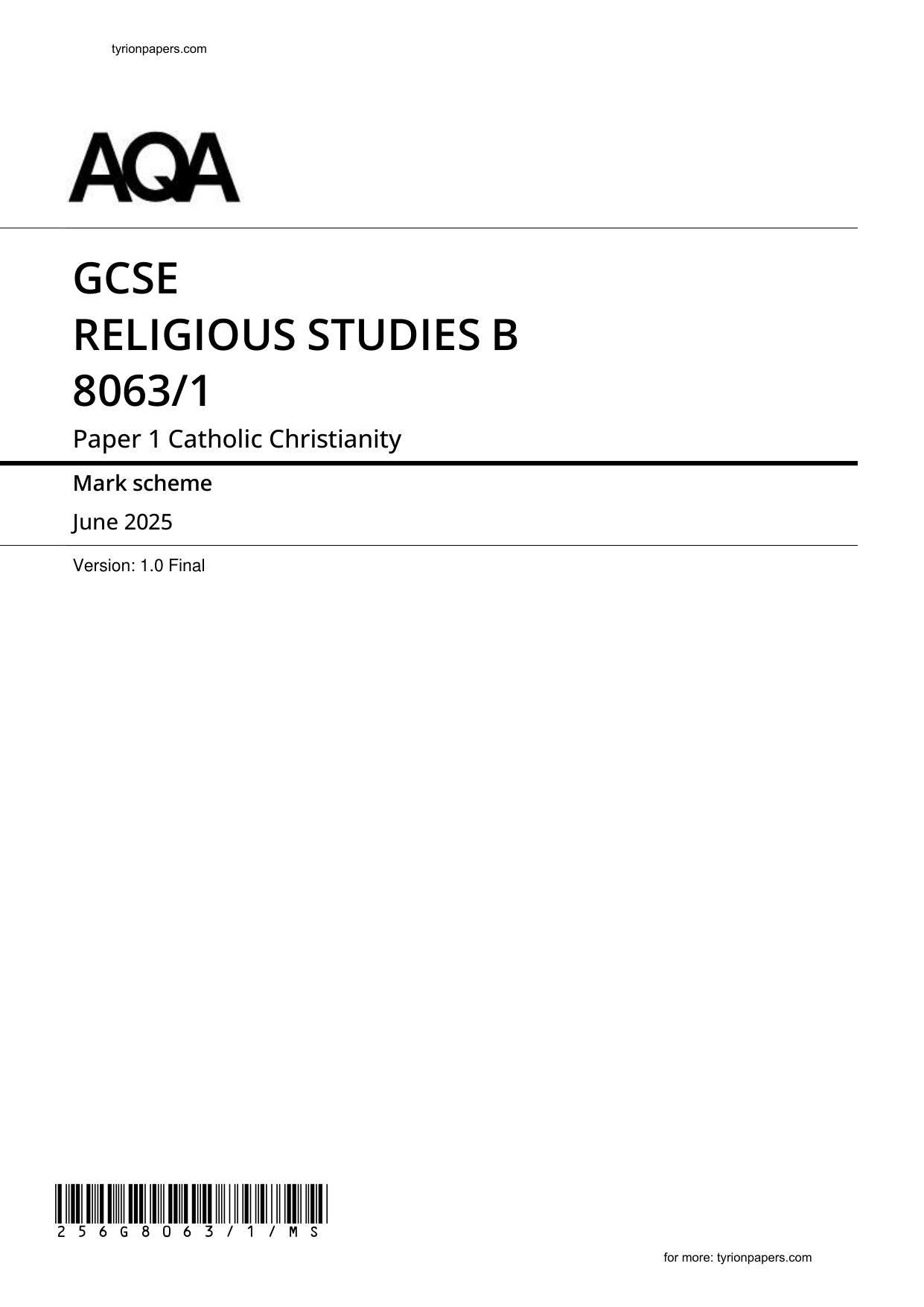 AQA GCSE Religious Studies B Paper 1 2025 Mark Scheme