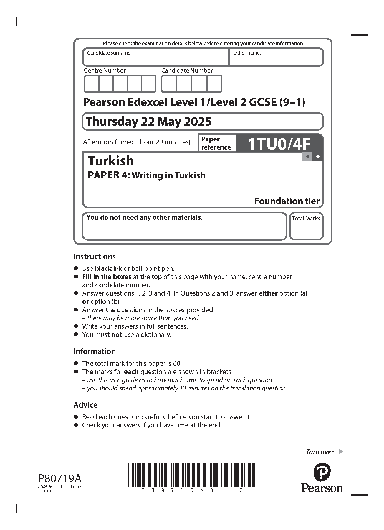 Pearson Edexcel GCSE Turkish  Paper 4F 2025 Question Paper IMG-1