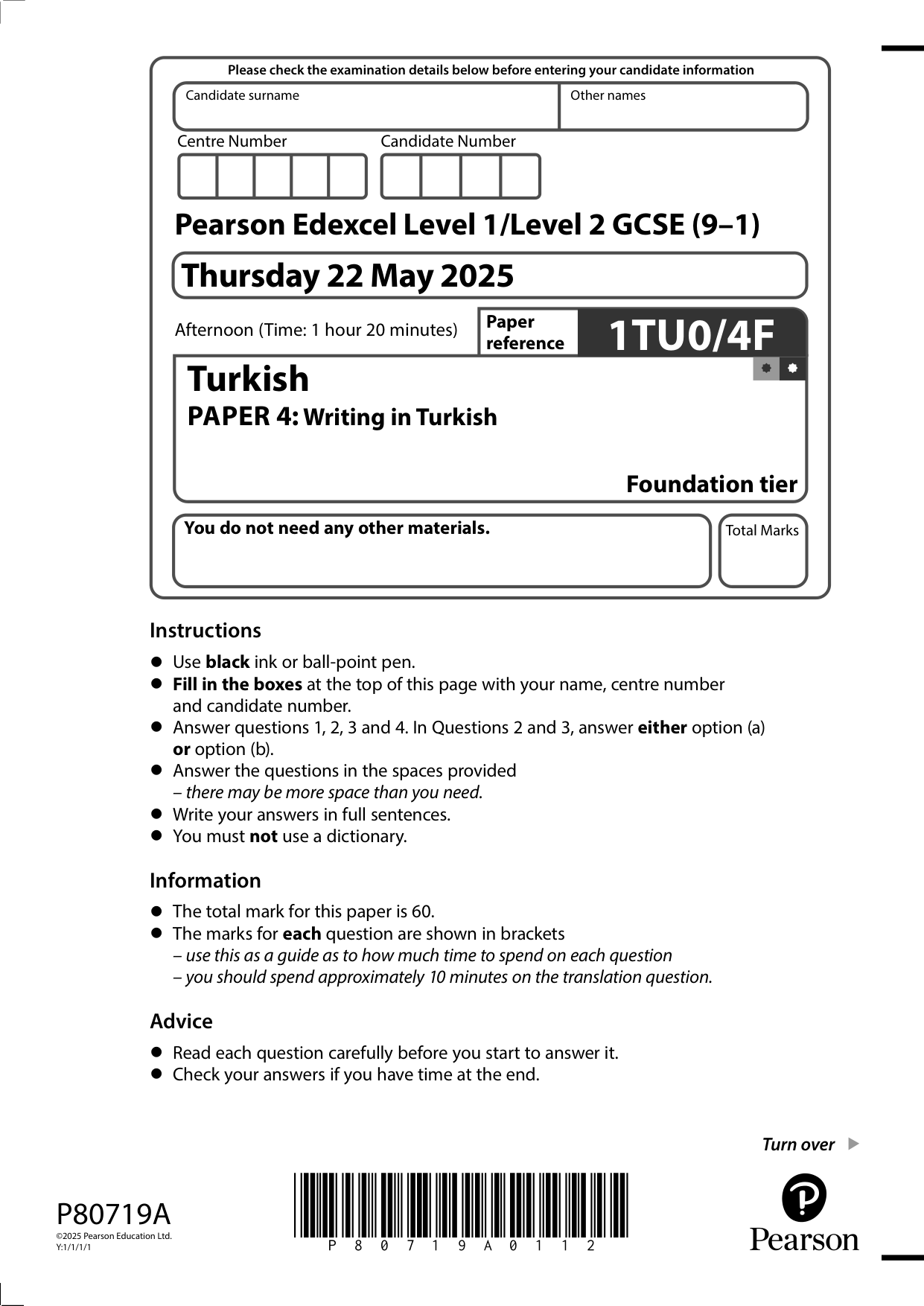 Pearson Edexcel GCSE Turkish  Paper 4F 2025 Question Paper