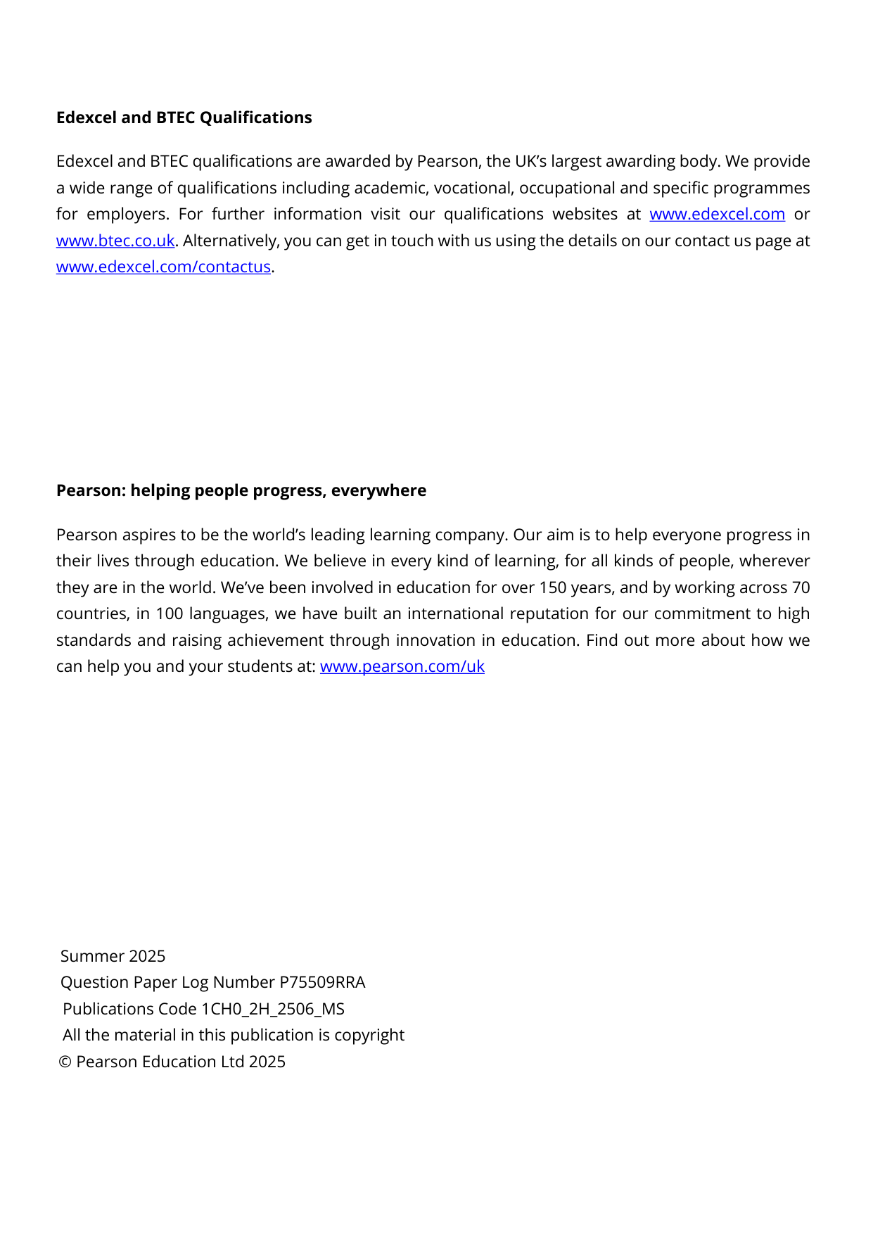 Pearson Edexcel GCSE Chemistry Paper 2H 2025 Mark Scheme