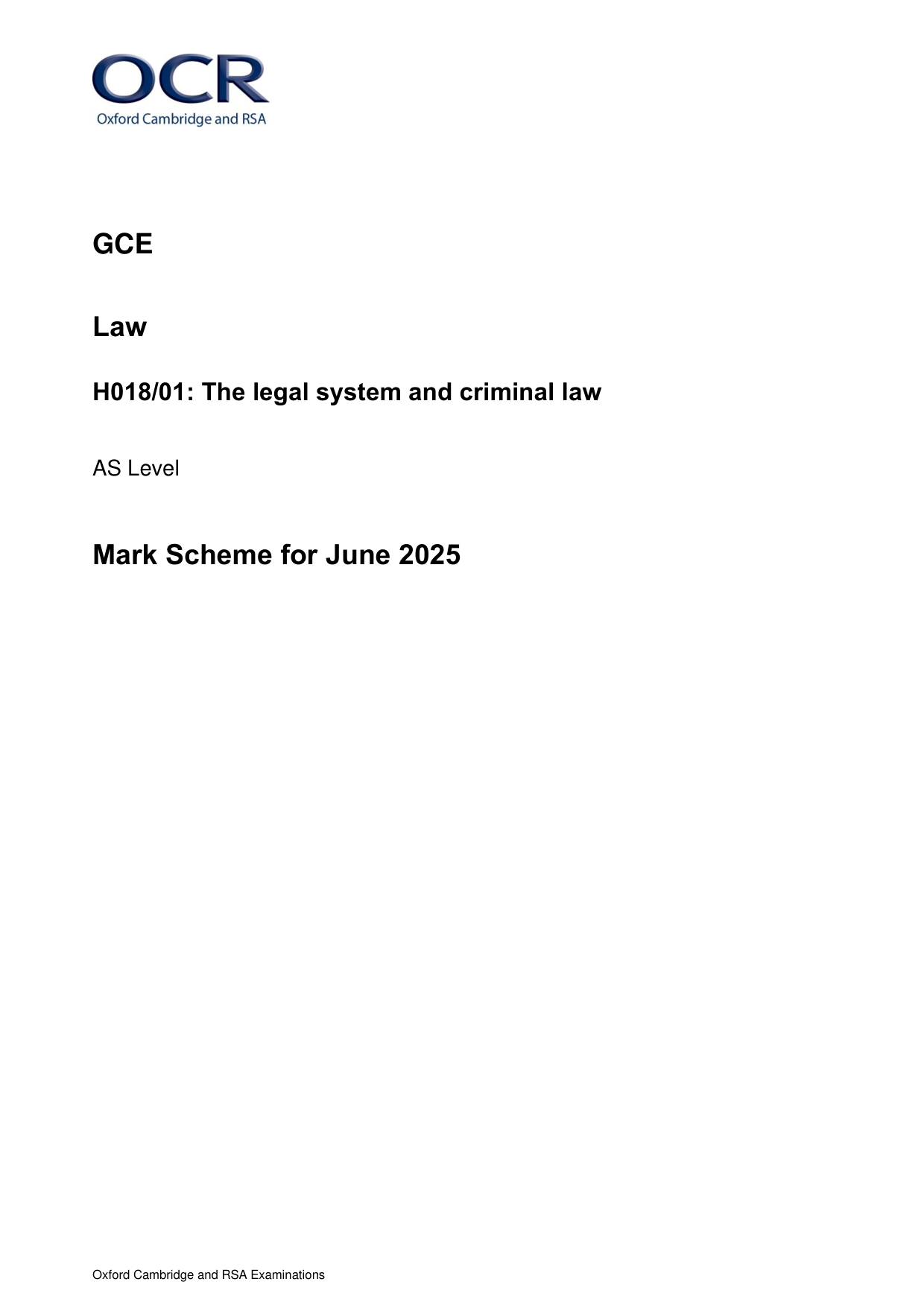 OCR AS Law Paper 1  2025 Mark Scheme PDF Download