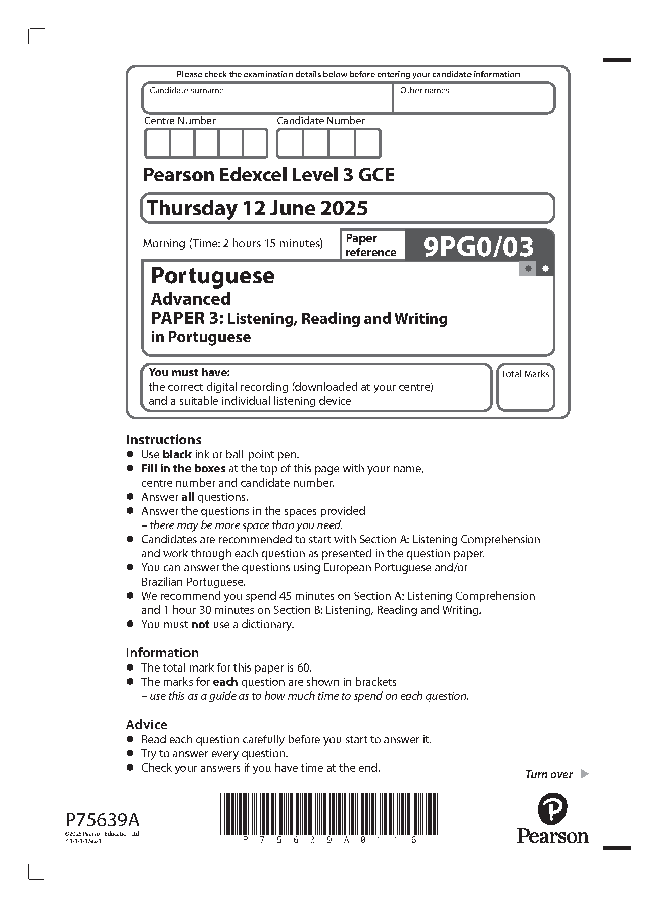 Pearson Edexcel A Level Portuguese 2025 Paper 3 QP IMG-1