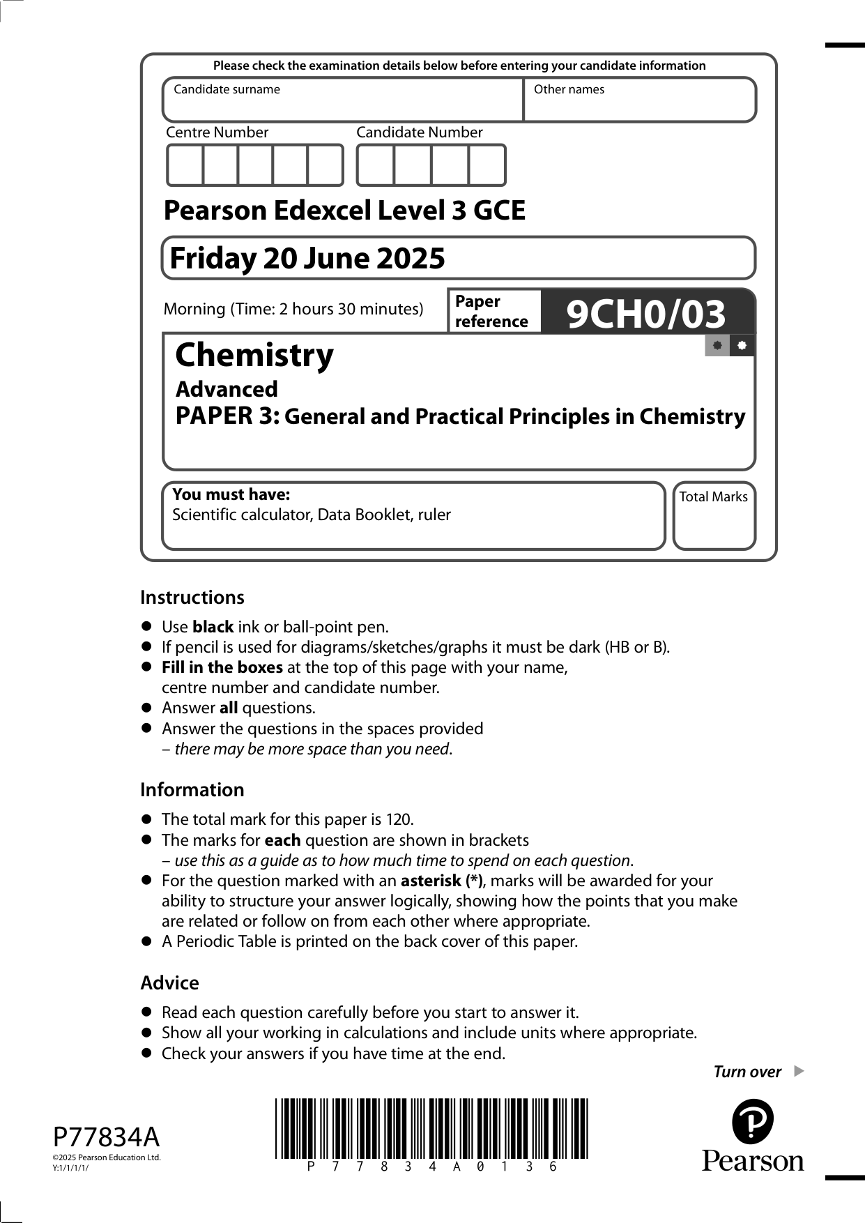 Pearson Edexcel A Level Chemistry Paper 3 2025 QP