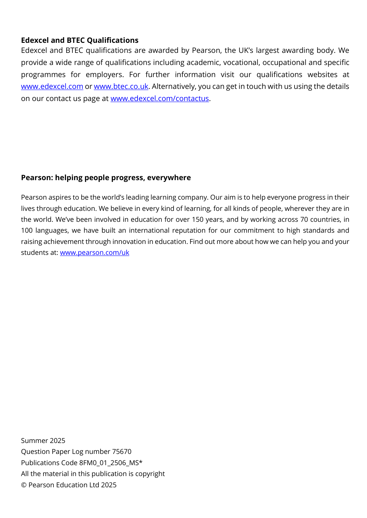 Pearson Edexcel AS Further Mathematics Paper 1 2025 MS