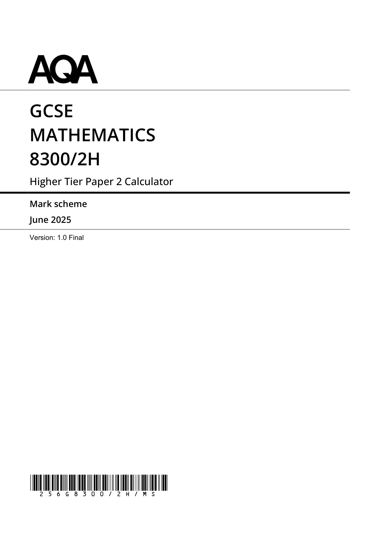 AQA GCSE Maths Paper 2H 2025 Mark Scheme PDF