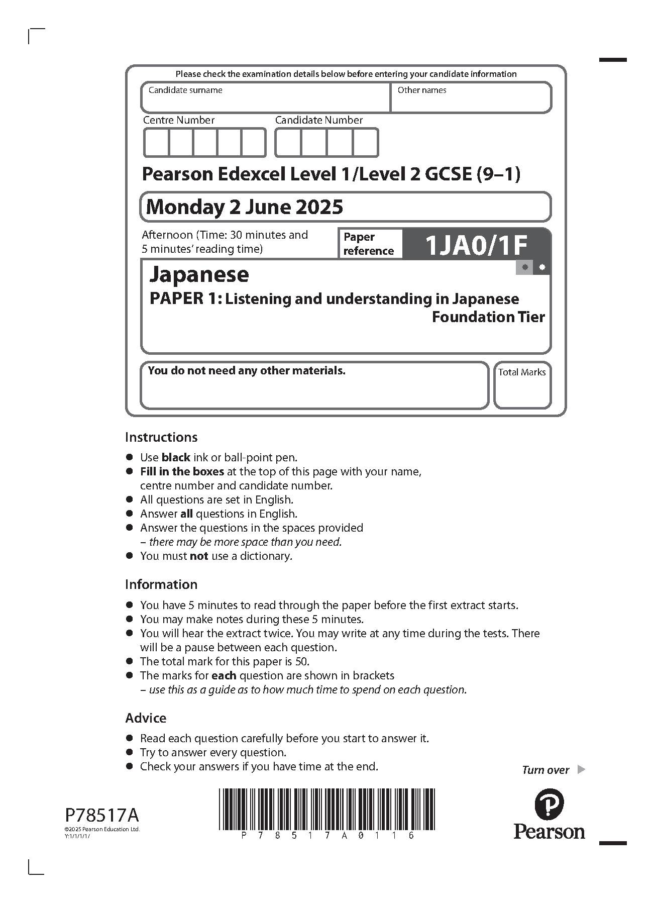 Pearson Edexcel GCSE Japanese Paper 1 2025 Question Paper IMG-1