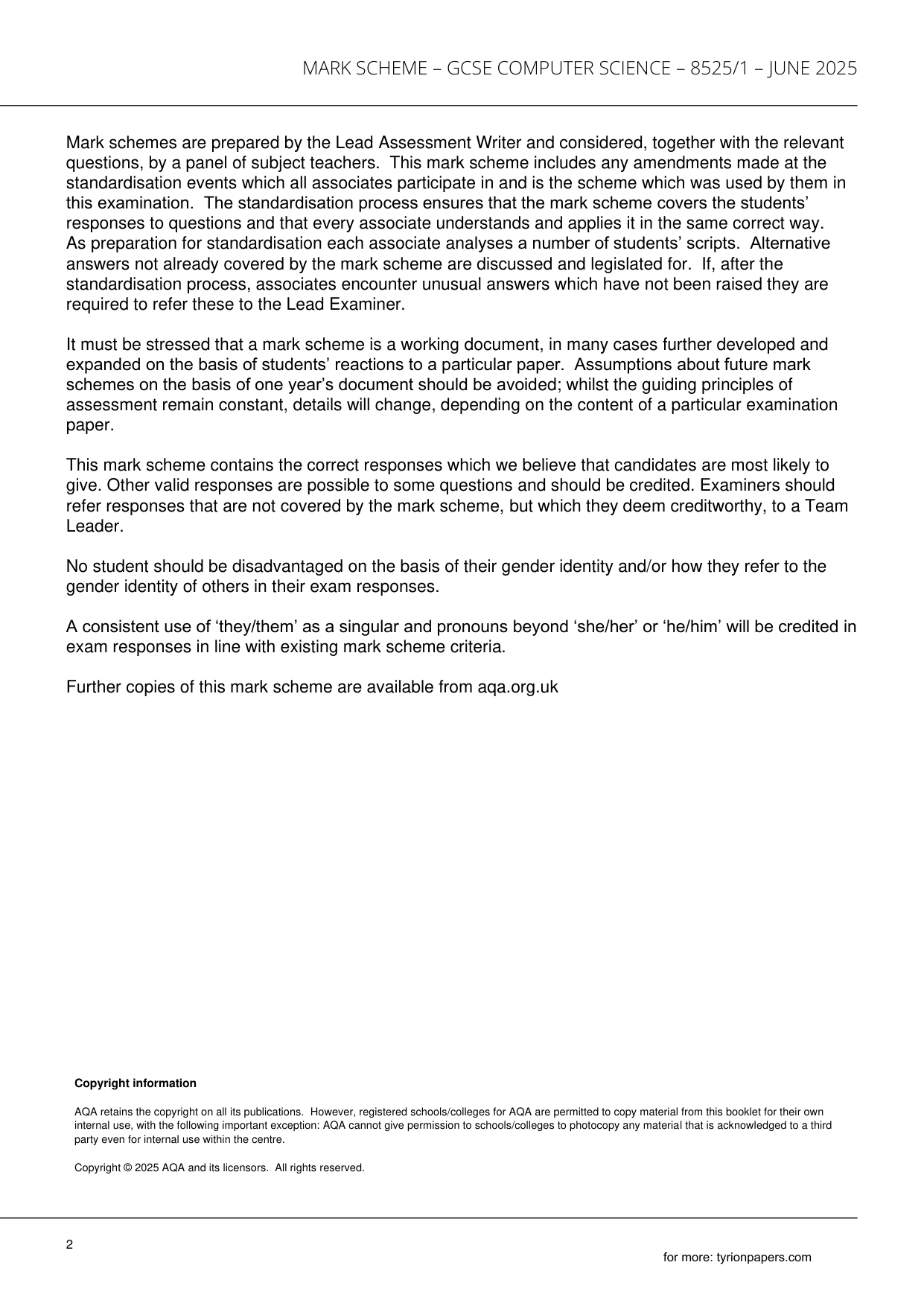 AQA GCSE Computer Science Paper 1 2025 Mark Scheme