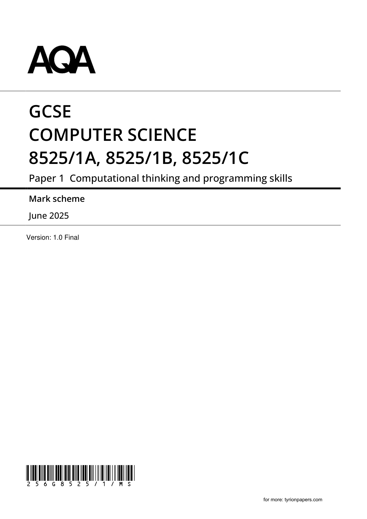 AQA GCSE Computer Science Paper 1 2025 Mark Scheme