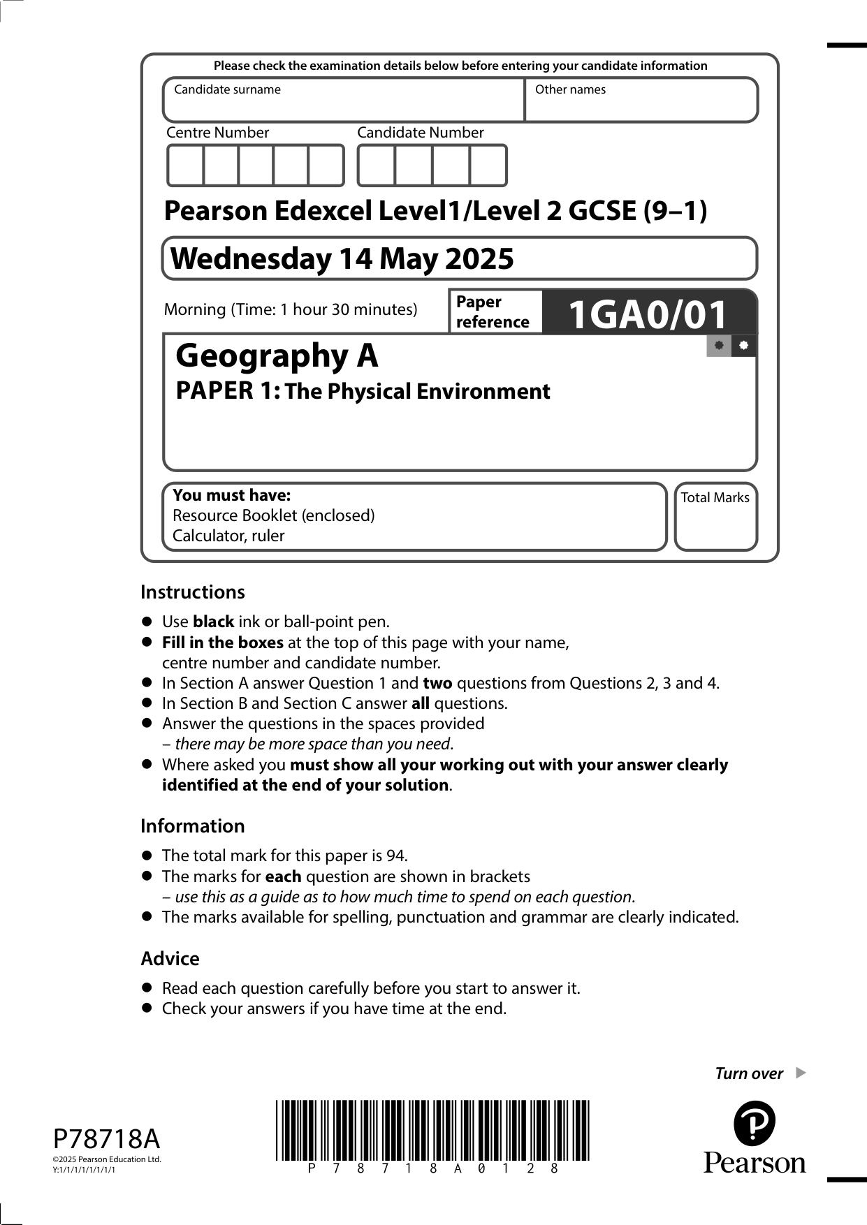 Pearson Edexcel GCSE Geography A Paper 1 2025 Paper PDF