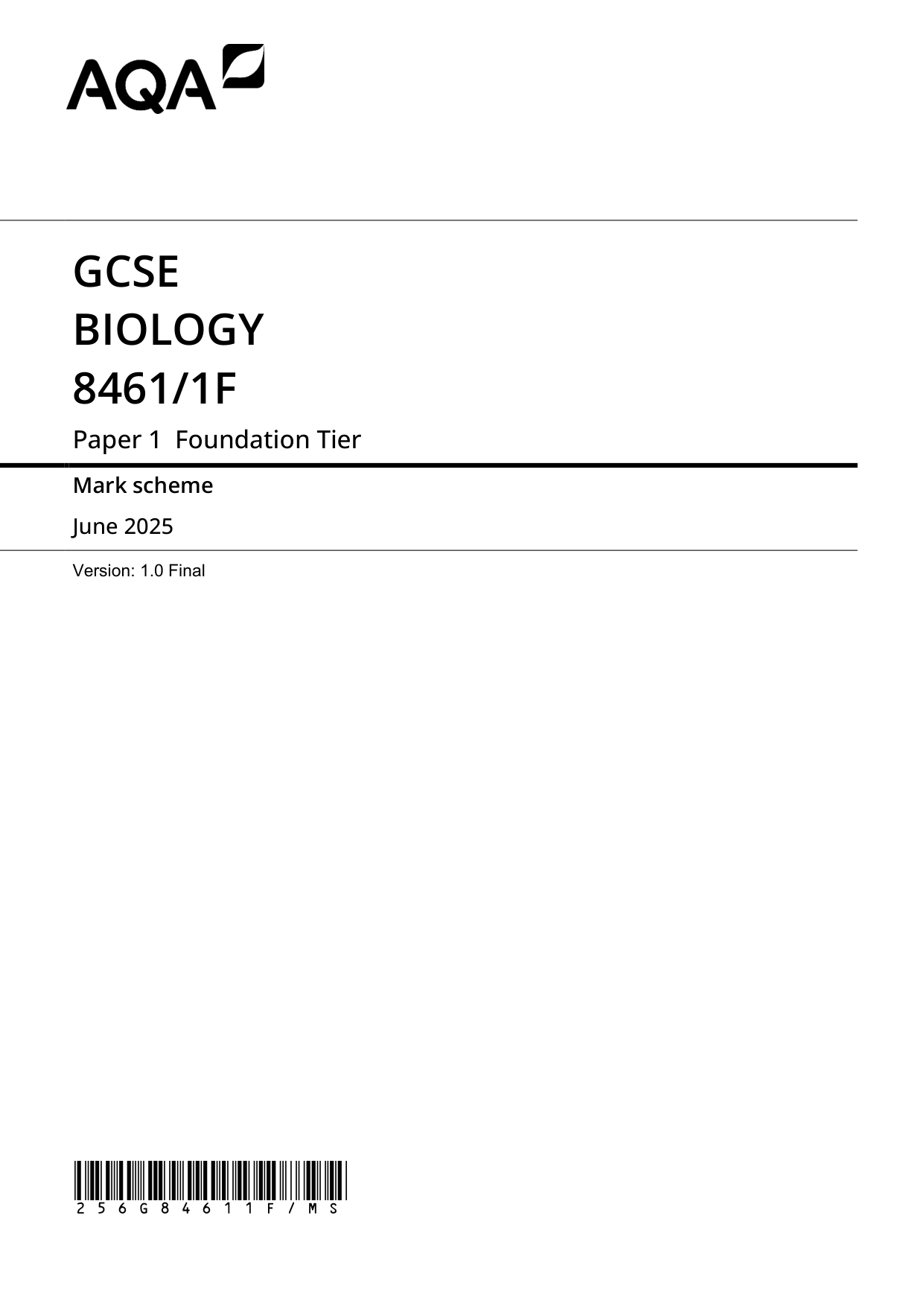 AQA GCSE Biology 1F 2025 Mark Scheme PDF