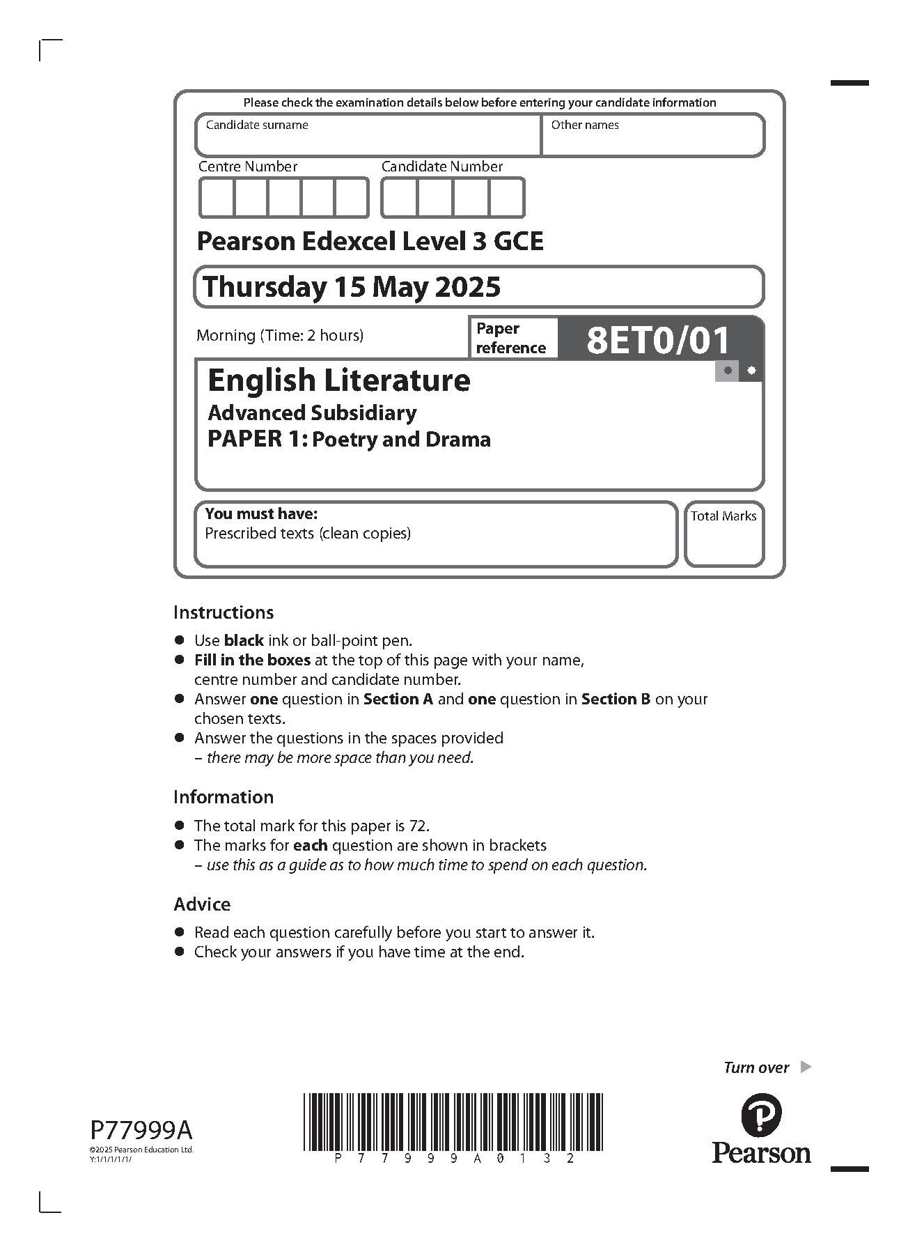Pearson Edexcel AS English Literature 2025 Paper 1 QP PDF IMG-1