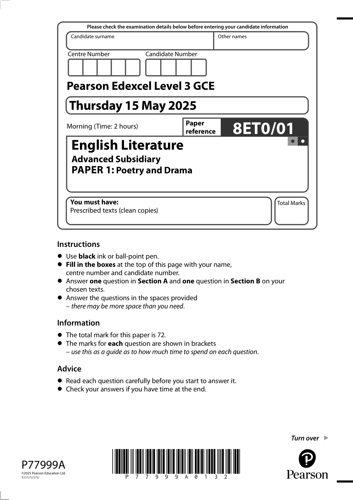 Pearson Edexcel AS English Literature 2025 Paper 1 QP PDF