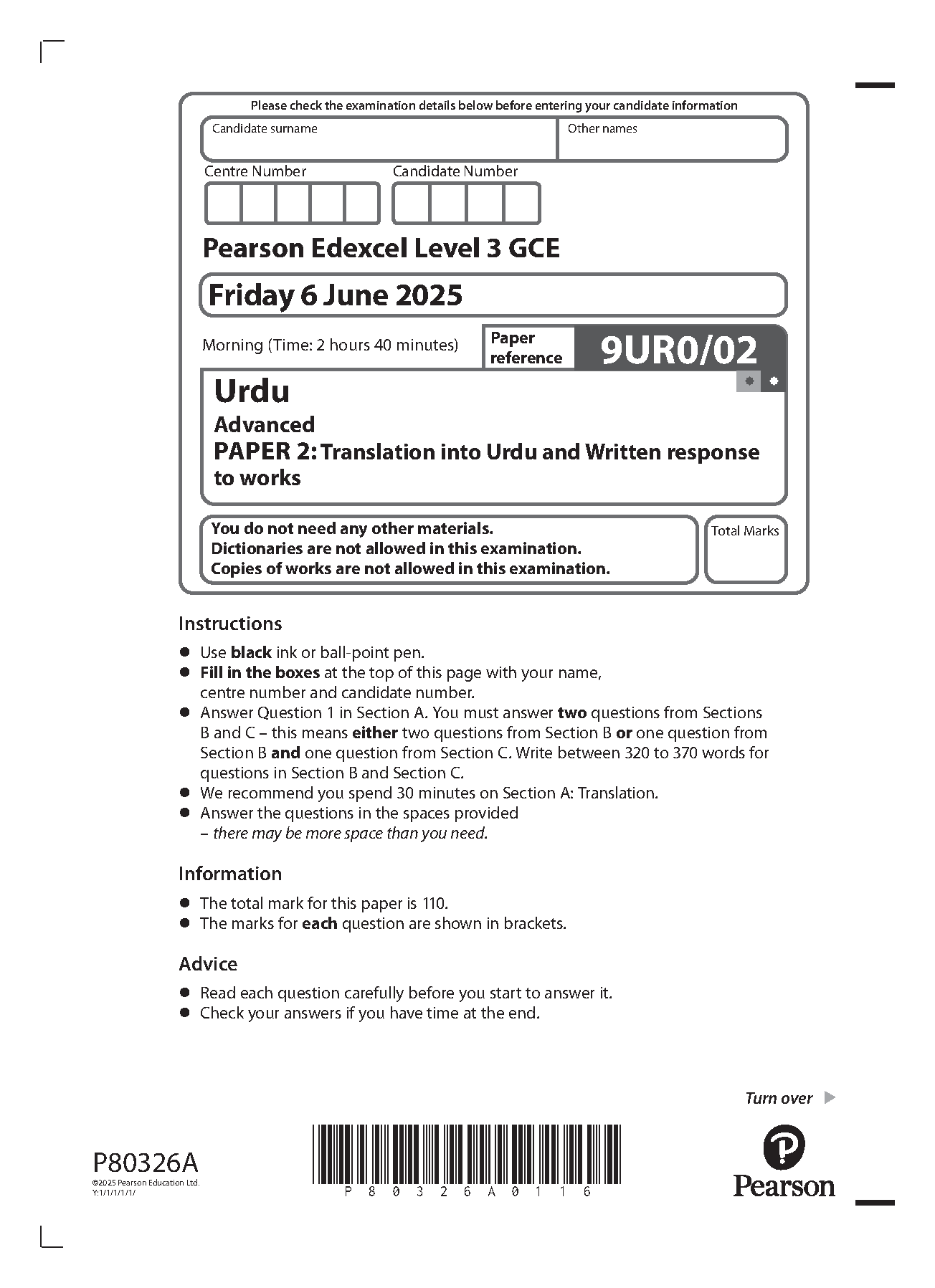 Pearson Edexcel A Level Urdu Paper 2 2025 Question Paper IMG-1