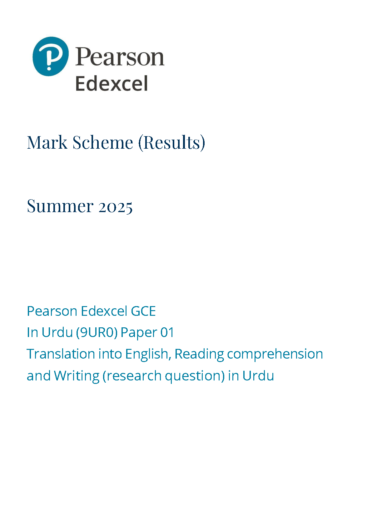 Pearson Edexcel A Level Urdu Paper 1 2025 Mark Scheme IMG-1