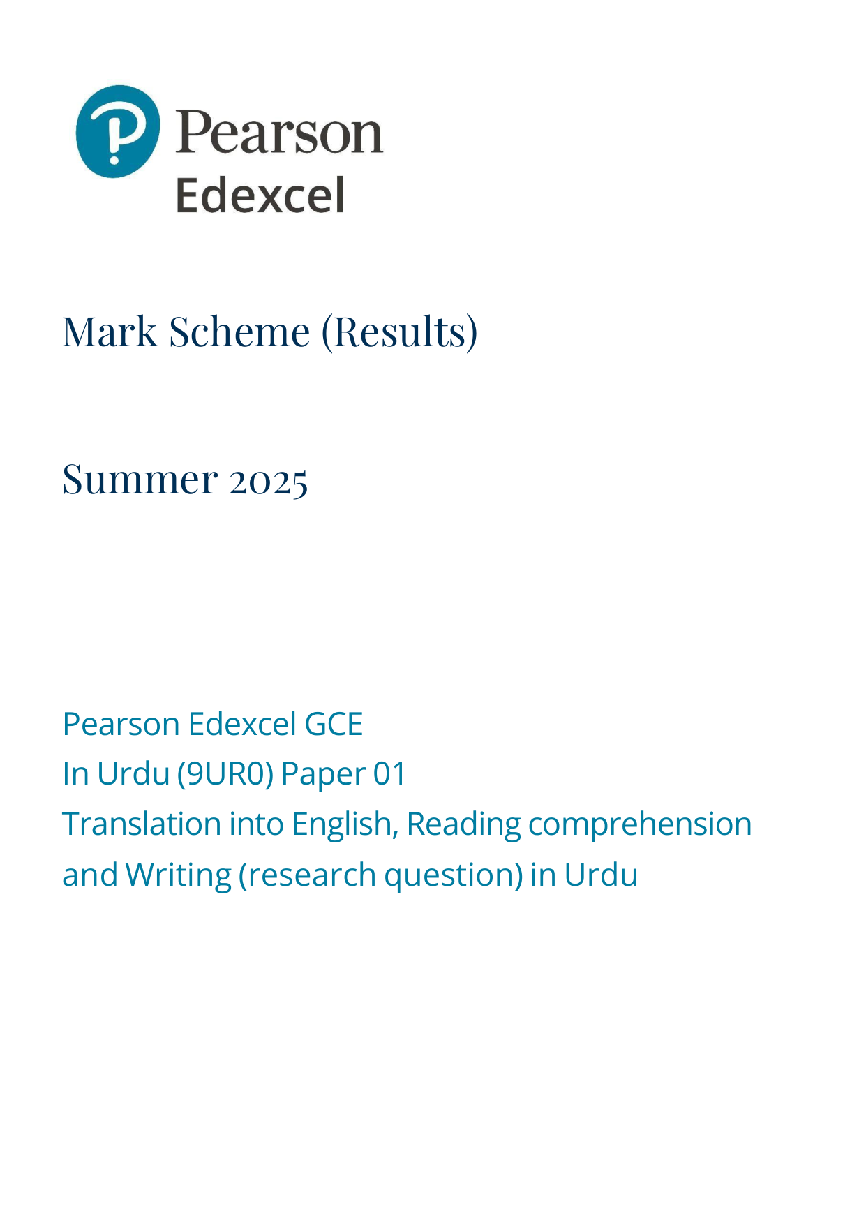 Pearson Edexcel A Level Urdu Paper 1 2025 Mark Scheme