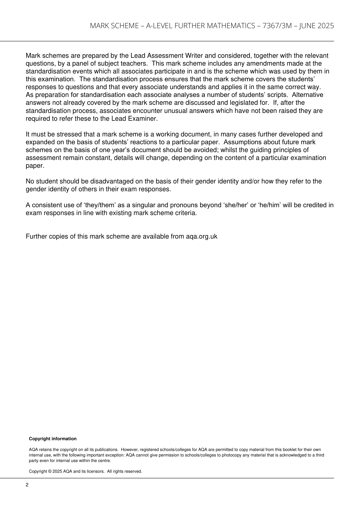 AQA Further Mathematics Paper 3M 2025 Mark Scheme PDF