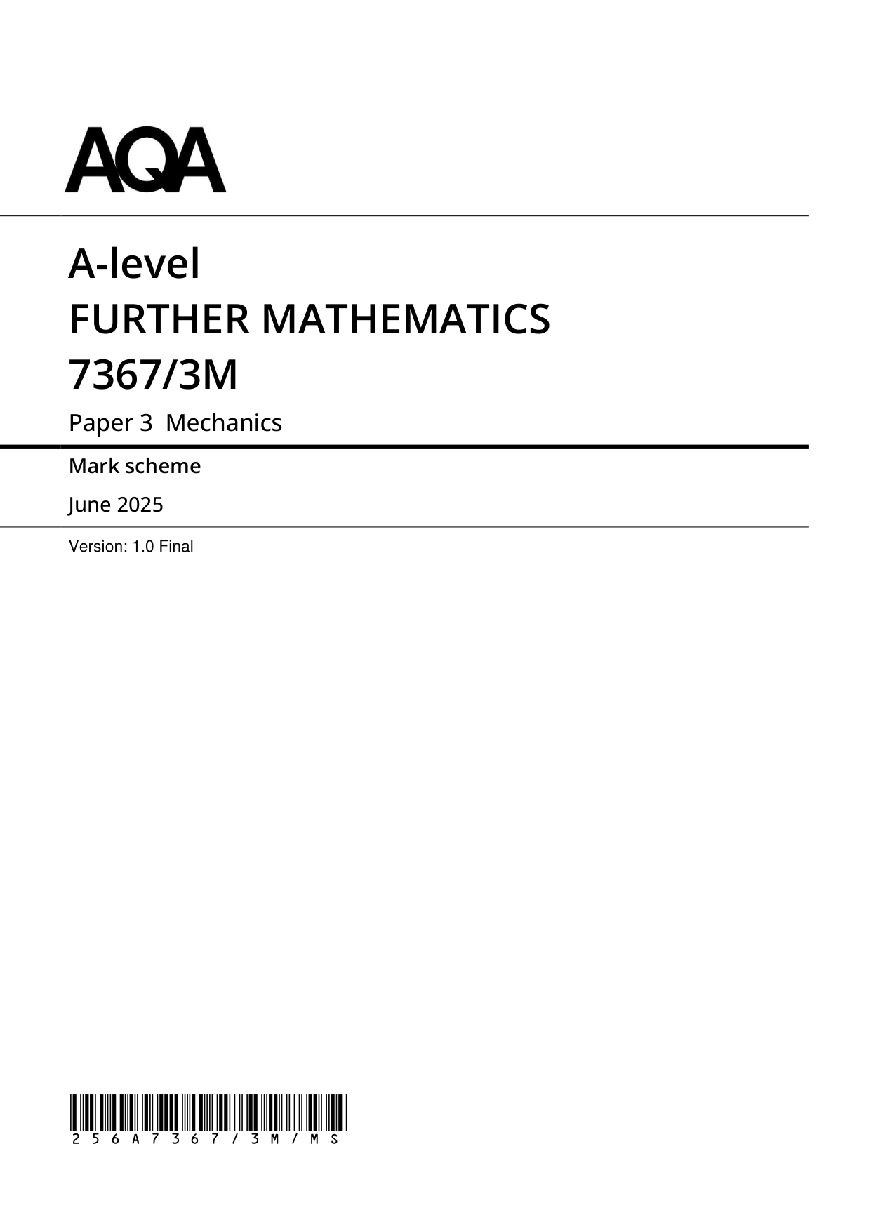AQA Further Mathematics Paper 3M 2025 Mark Scheme PDF