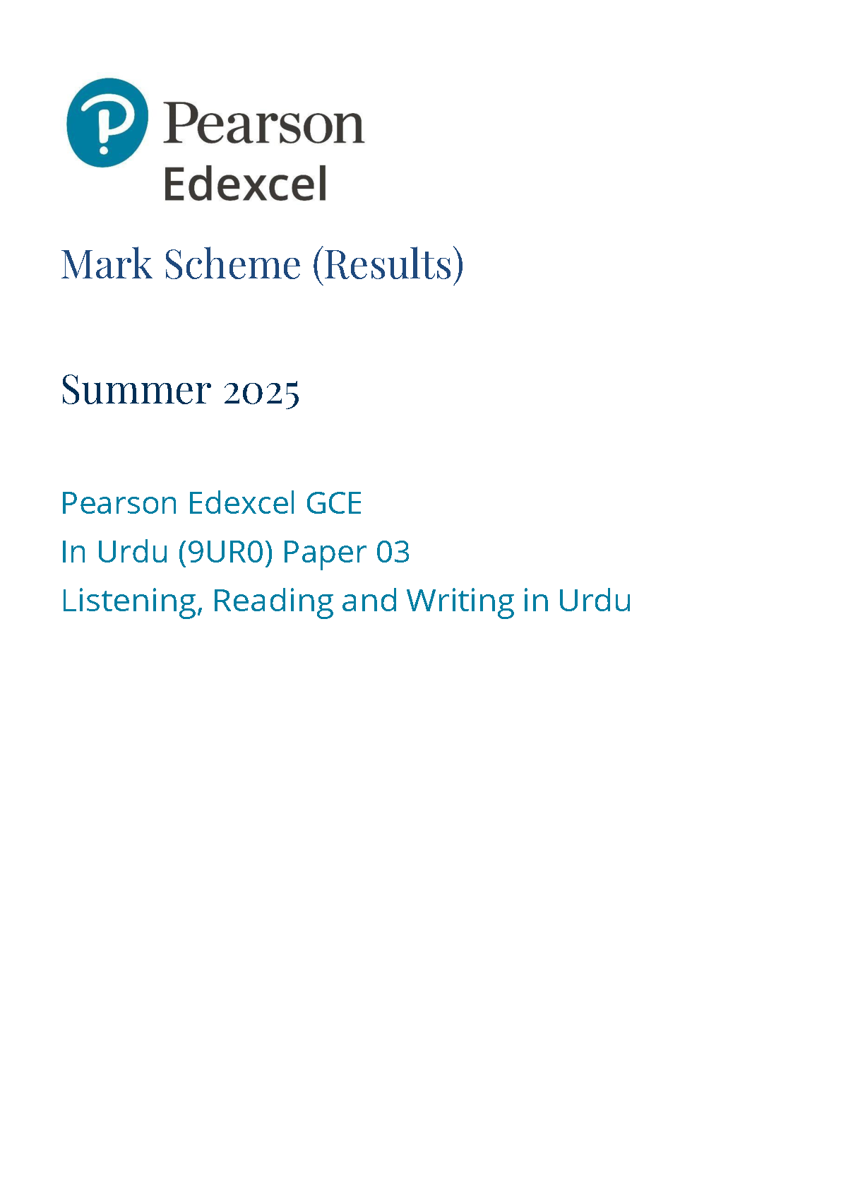 Pearson Edexcel A Level Urdu Paper 3 2025 Mark Scheme IMG-1