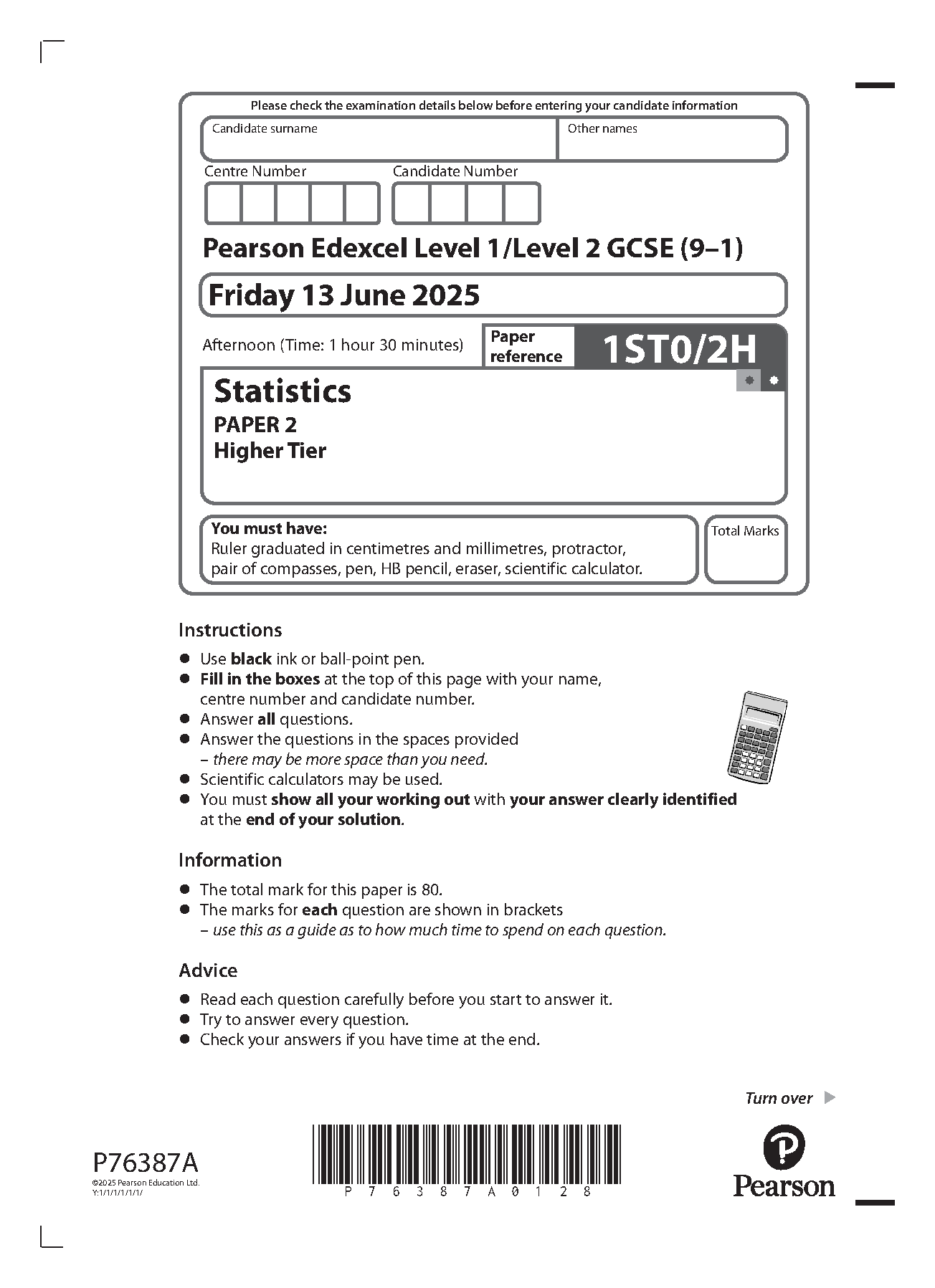 Pearson Edexcel GCSE Statistics Paper 2H 2025 Question Paper IMG-1
