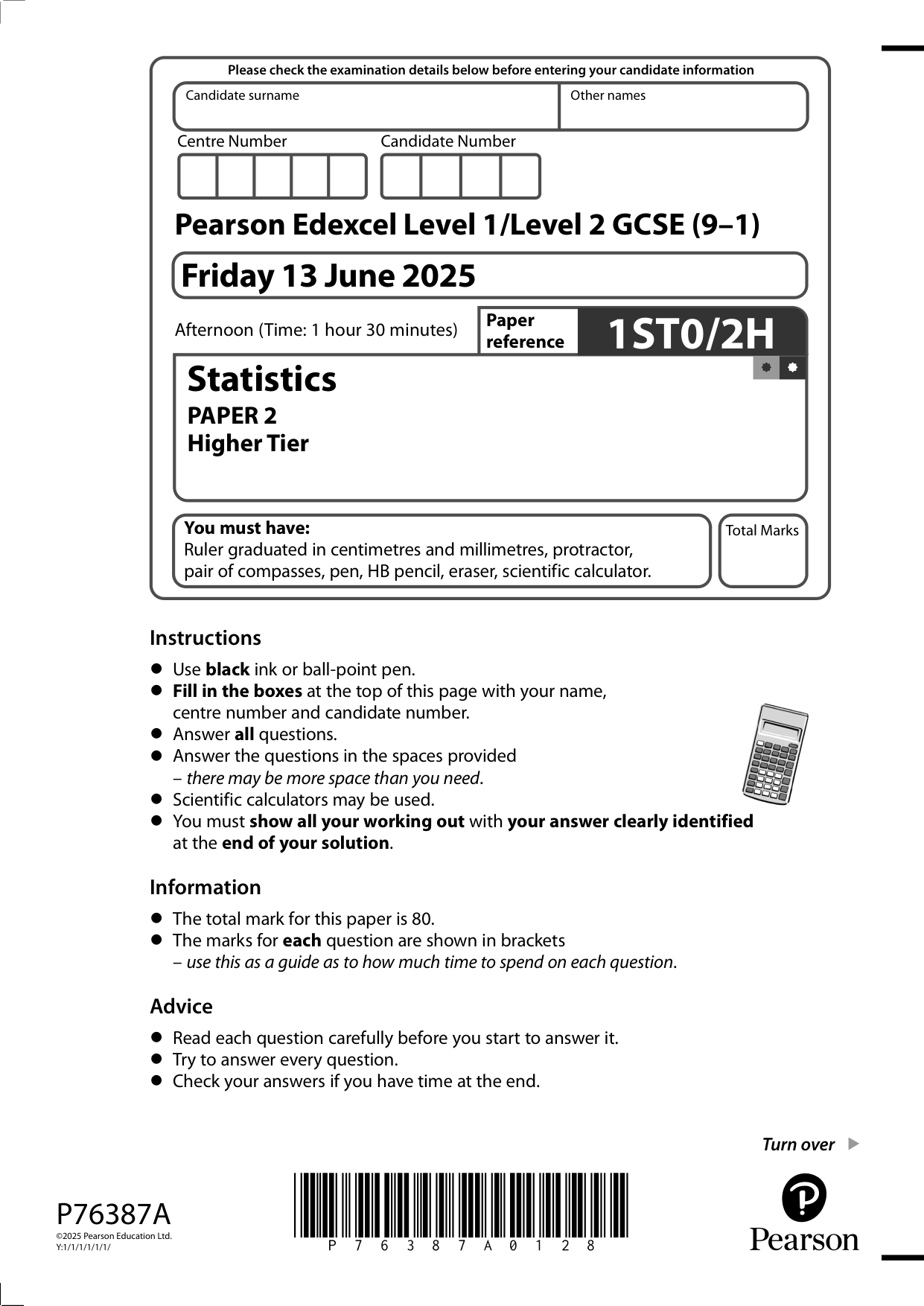 Pearson Edexcel GCSE Statistics Paper 2H 2025 Question Paper