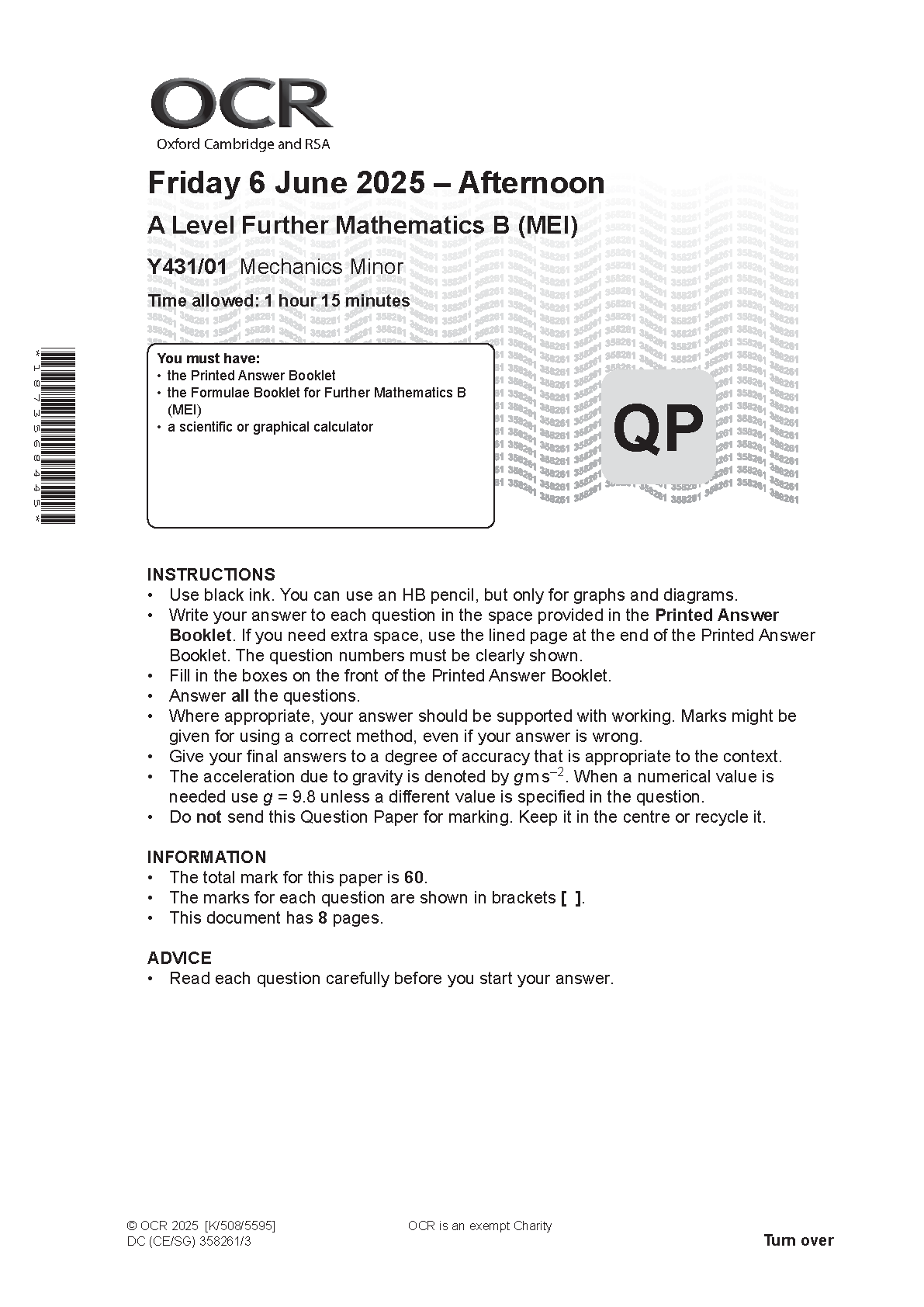 OCR A Level Further Maths Paper 1 Mechanics Minor 2025 QP IMG-1