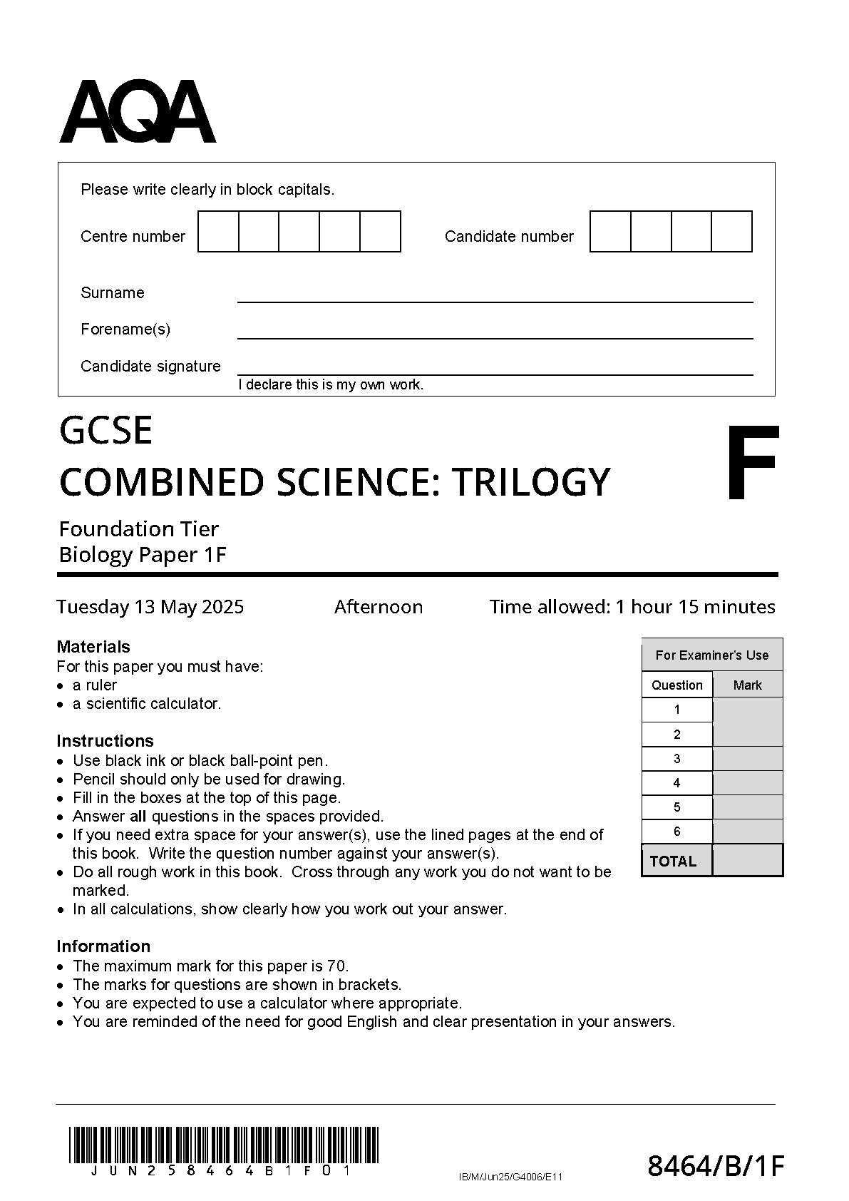 AQA GCSE Trilogy Biology 1F 2025 Question Paper PDF