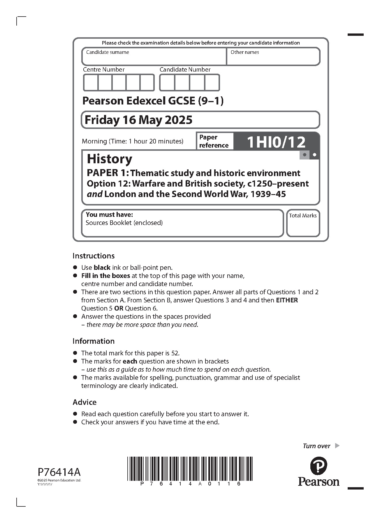 Pearson Edexcel GCSE History Paper 1 Option 12 2025 QP