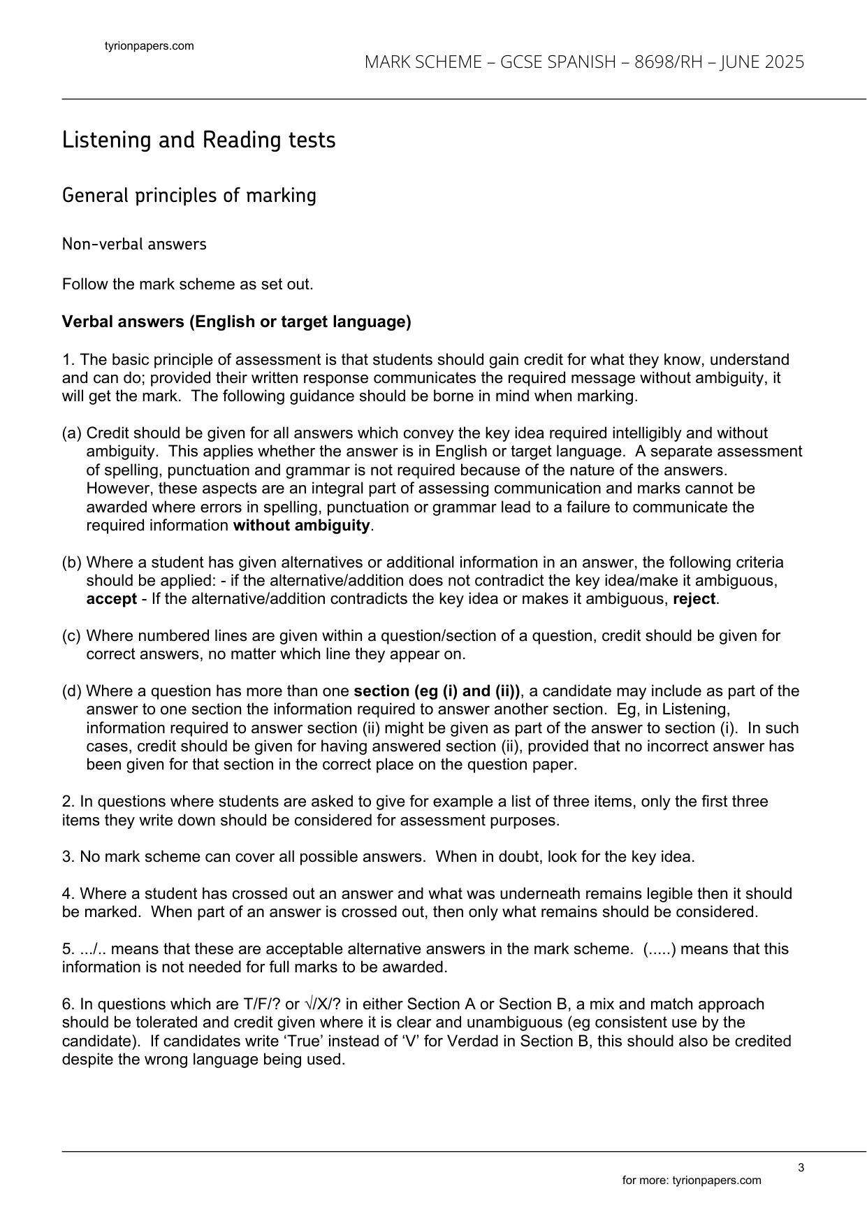 AQA GCSE Spanish Paper 3 Higher Reading 2025 Mark Scheme IMG-3