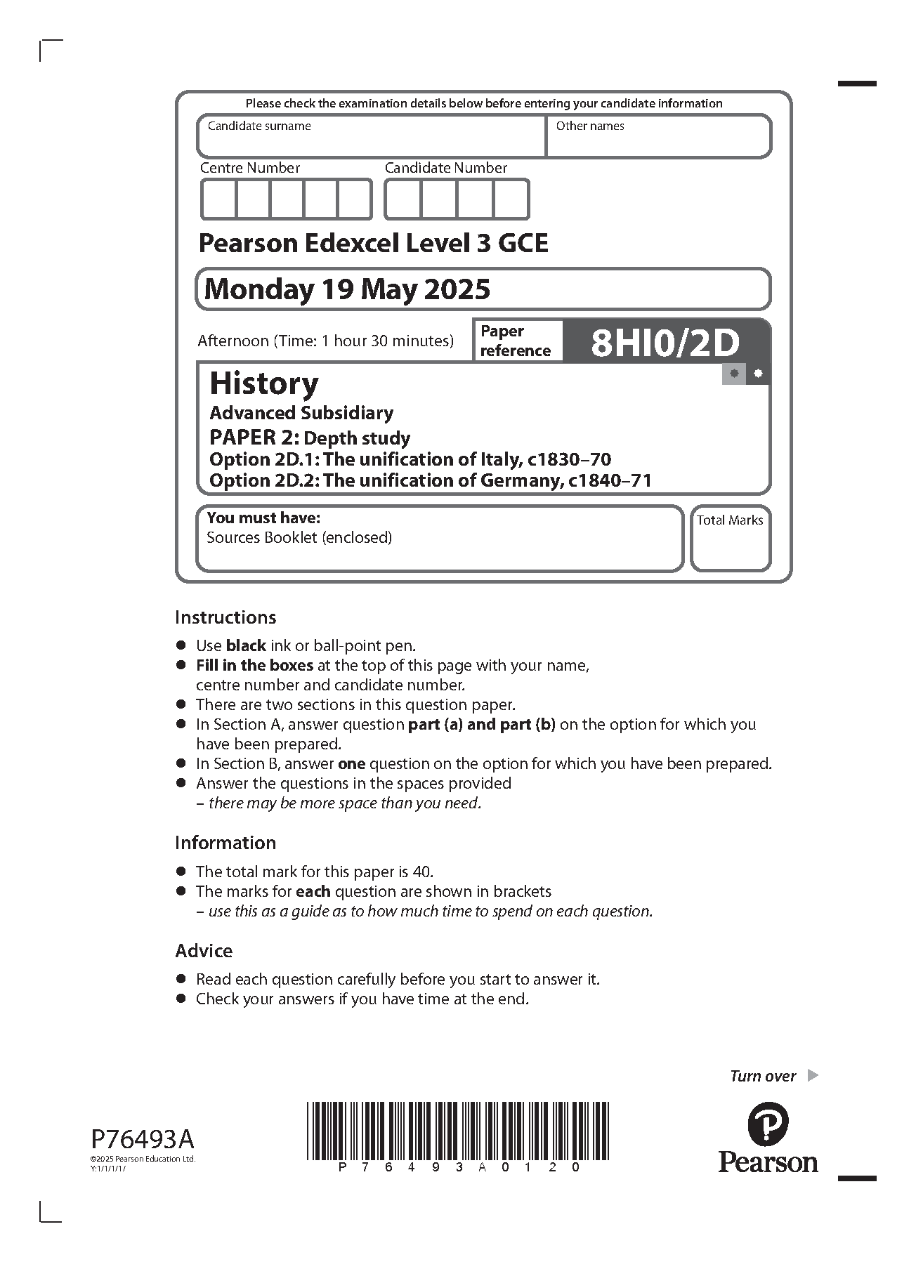 Pearson Edexcel AS History Paper 2D 2025 Question Paper PDF IMG-1