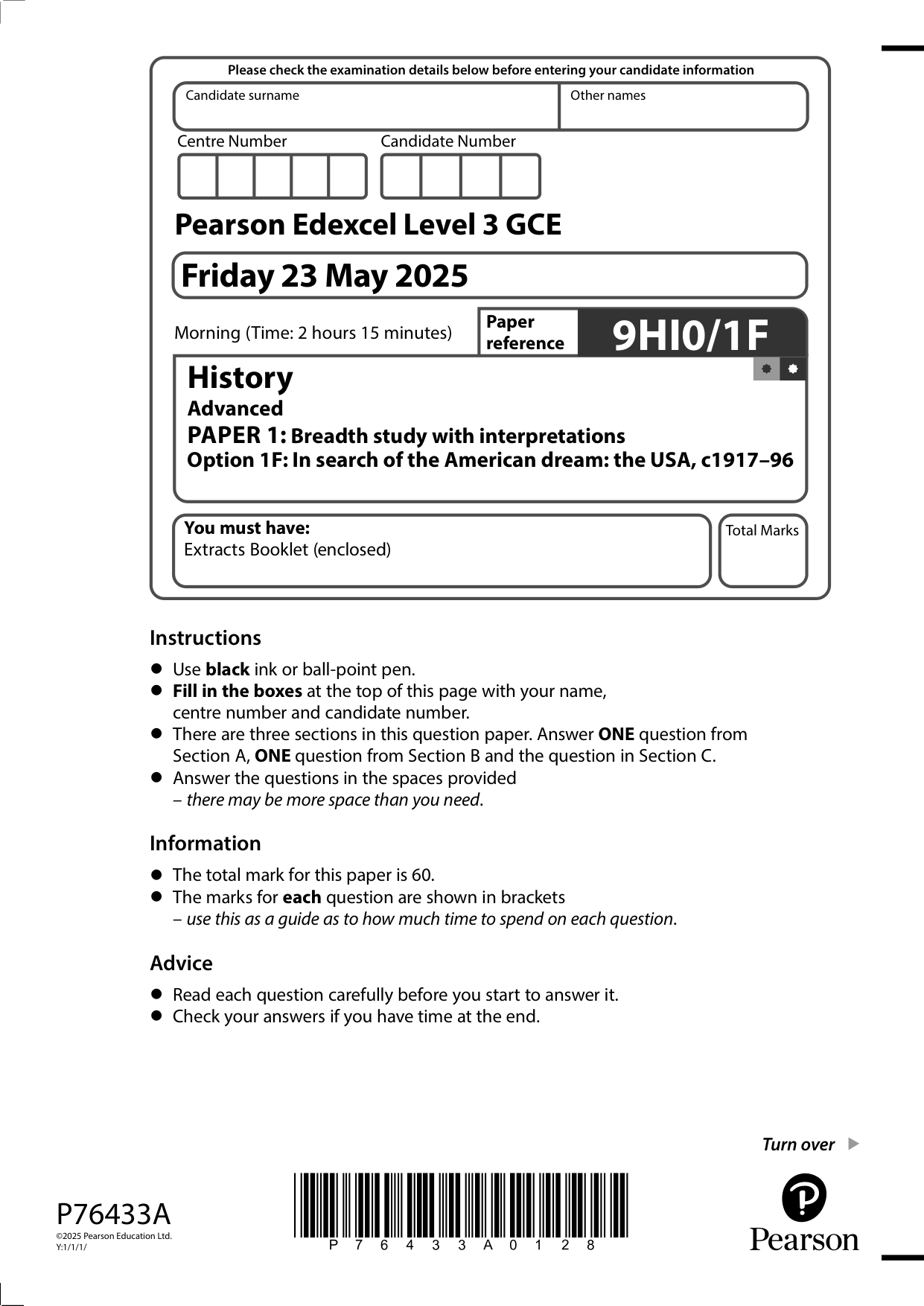 Pearson Edexcel A Level History Paper 1F  2025 QP PDF