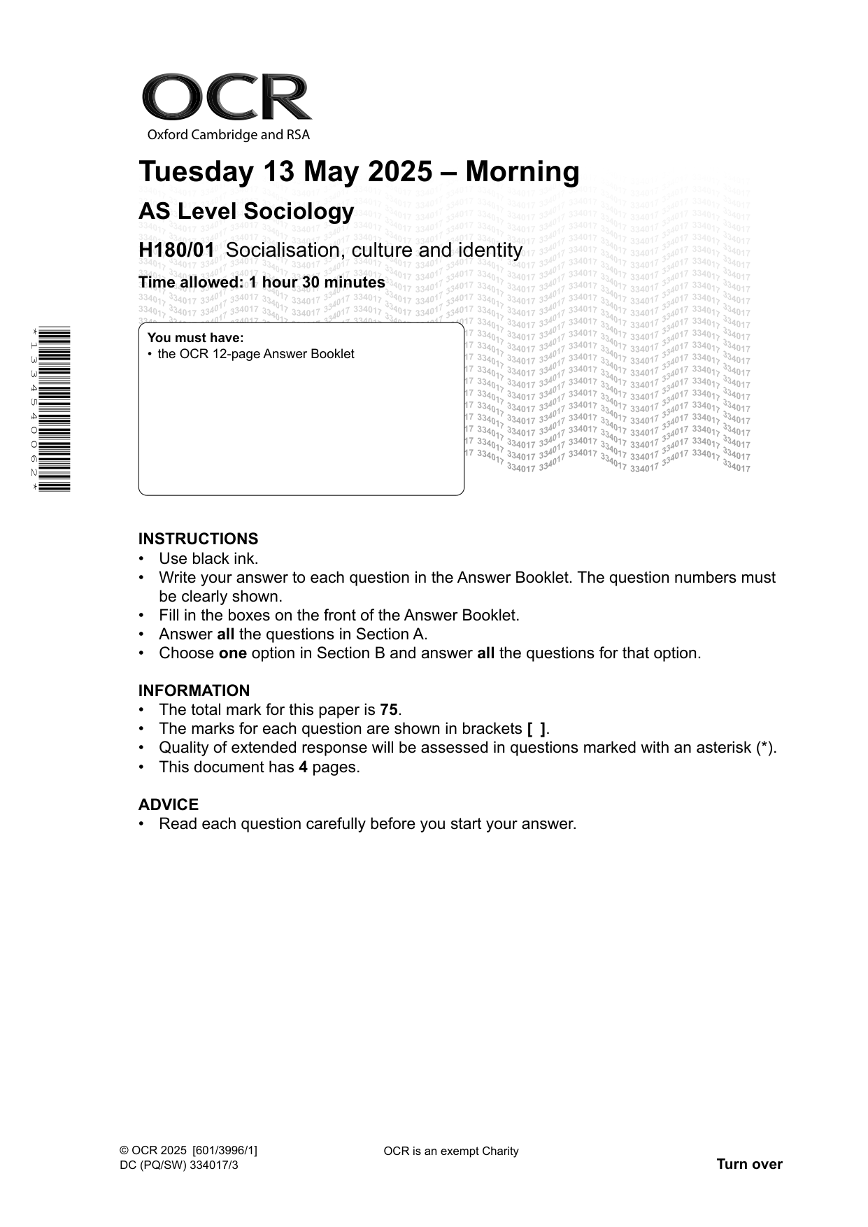 OCR AS Sociology Paper 1 2025 Question Paper