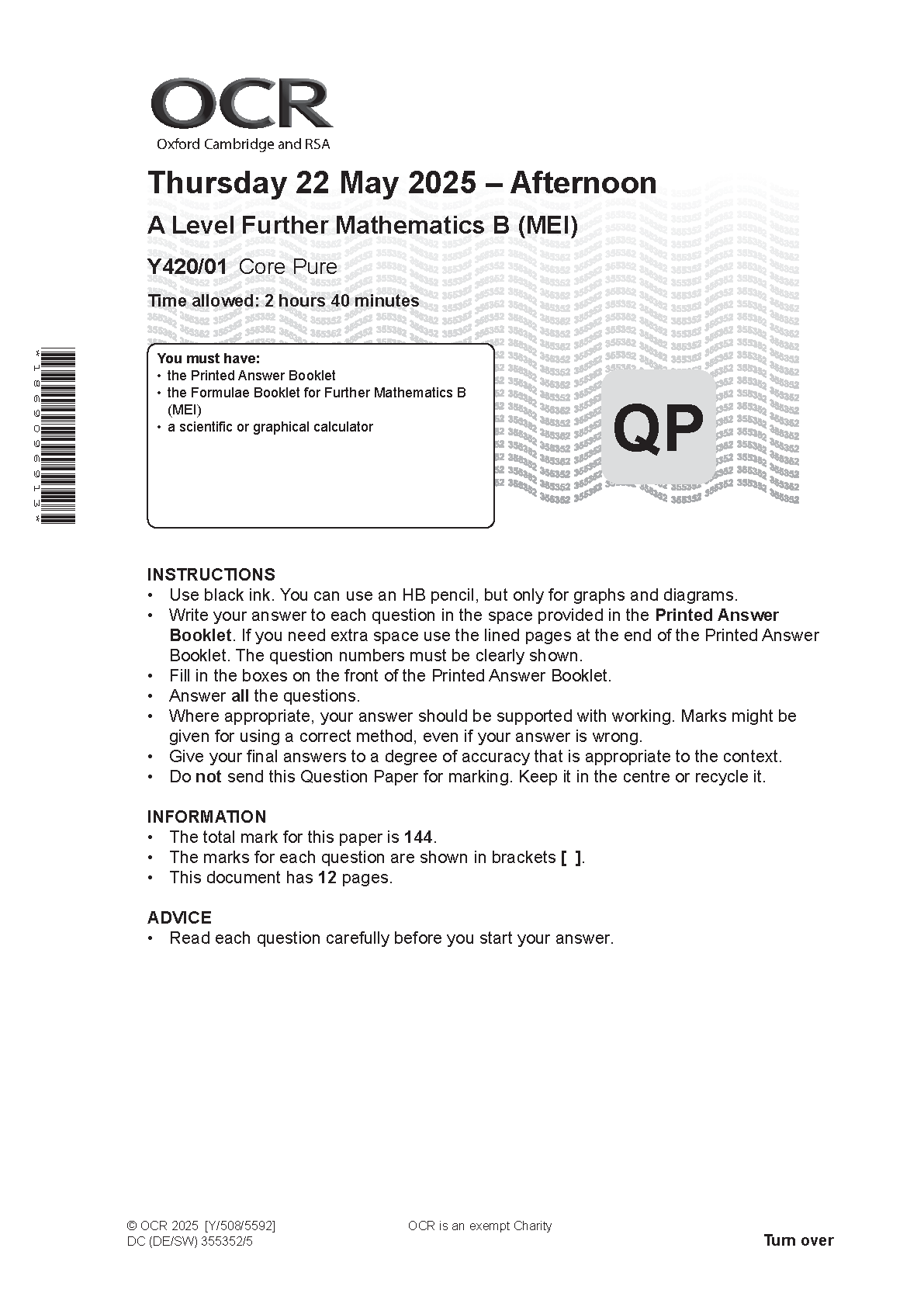 OCR A Level Further Maths Paper 1 Core Pure 2025 QP IMG-1