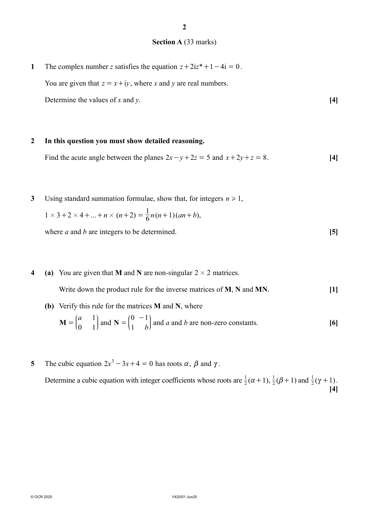 OCR A Level Further Maths Paper 1 Core Pure 2025 QP