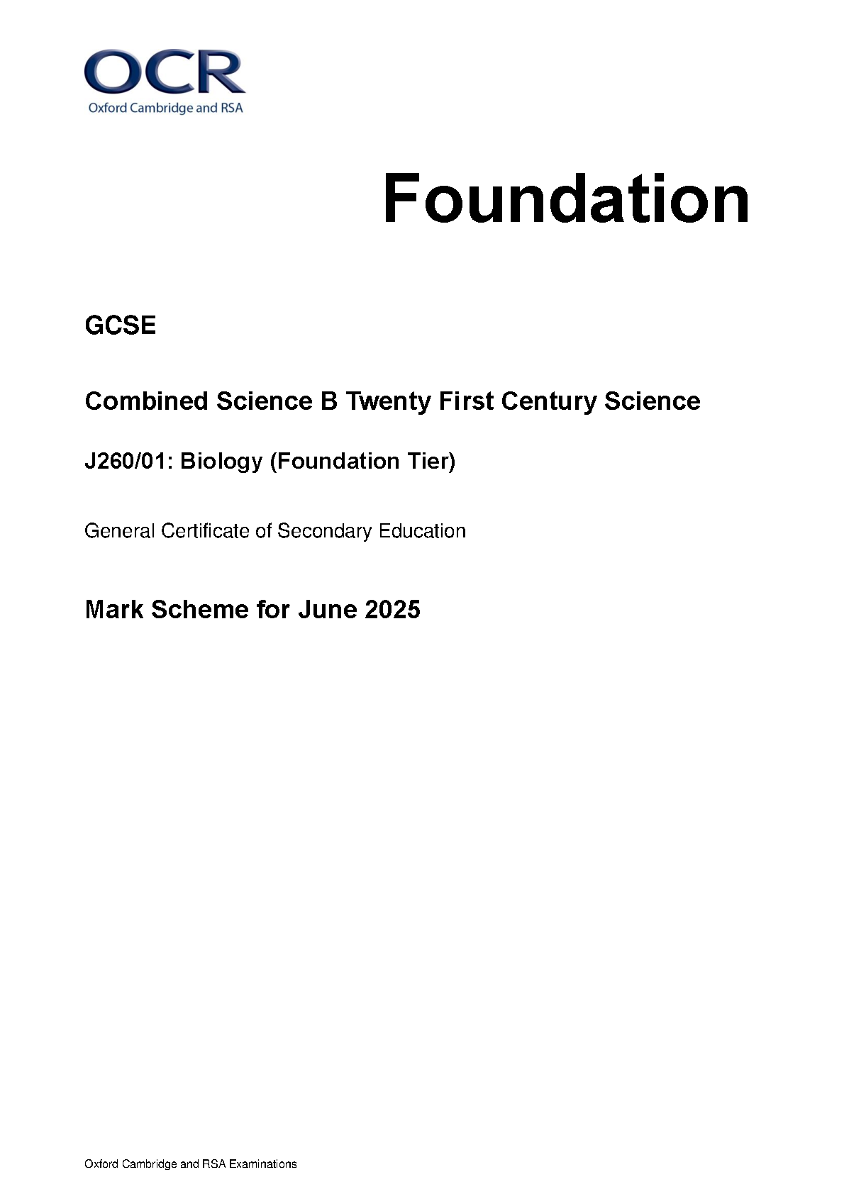 OCR GCSE Biology Paper 1 2025 Mark Scheme