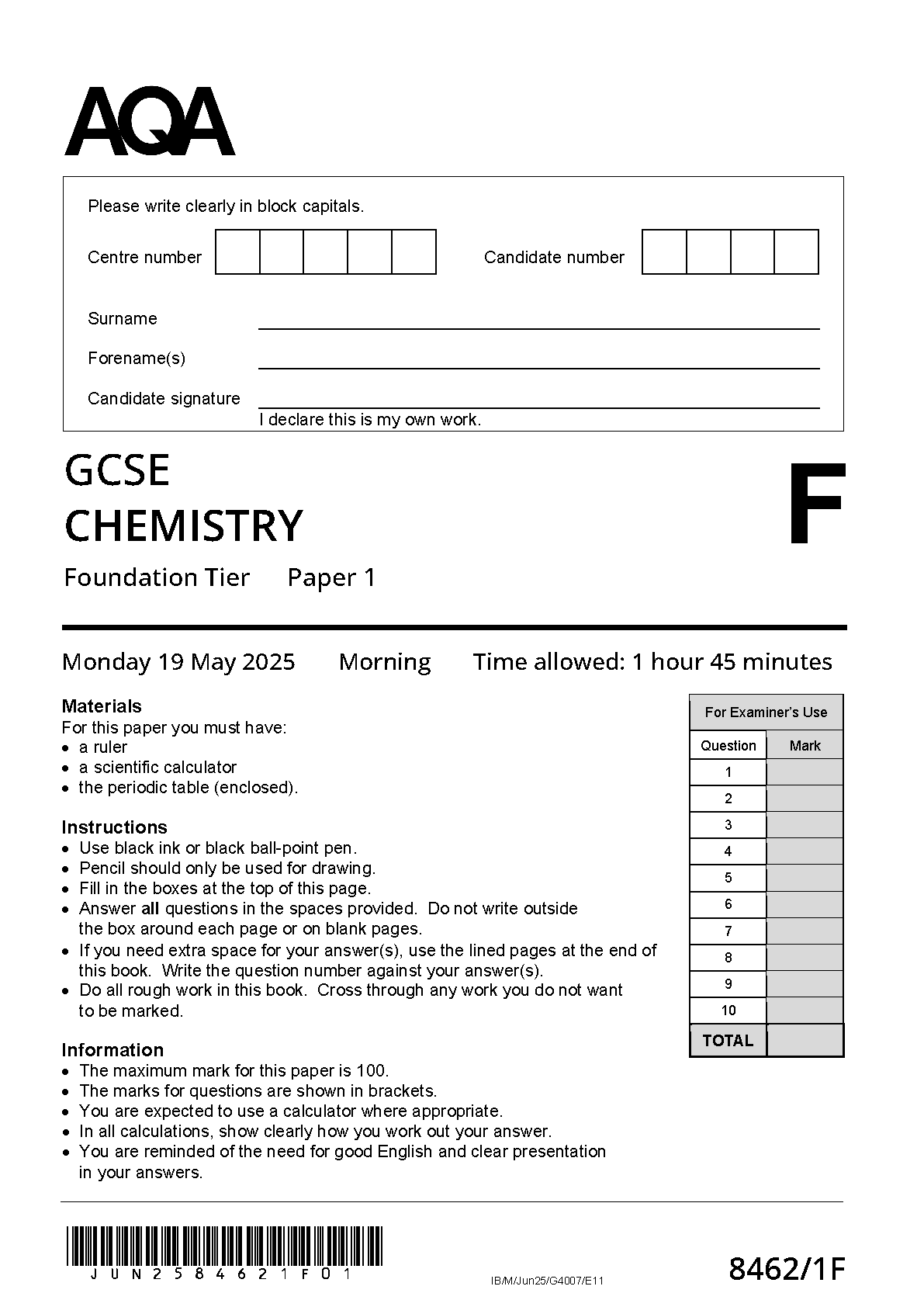 AQA GCSE Chemistry 1F 2025 Question Paper PDF IMG-1