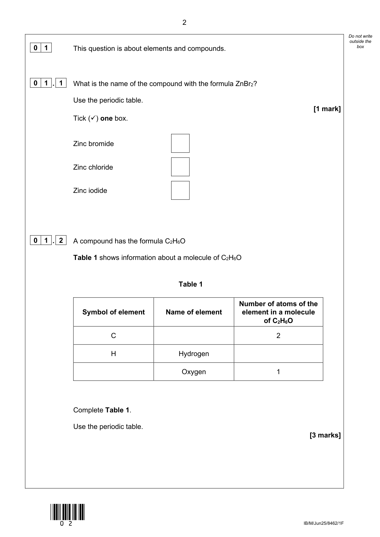 AQA GCSE Chemistry 1F 2025 Question Paper PDF