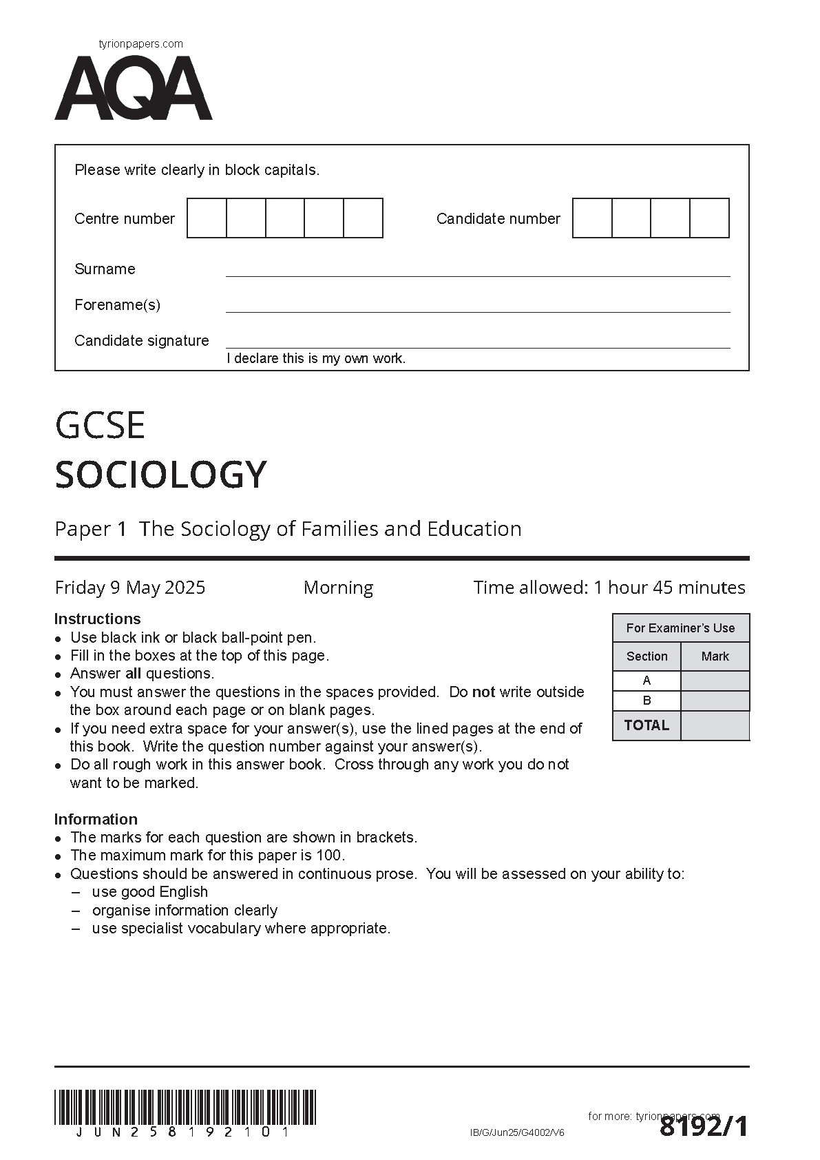 AQA GCSE Sociology Paper 1 2025 Question Paper